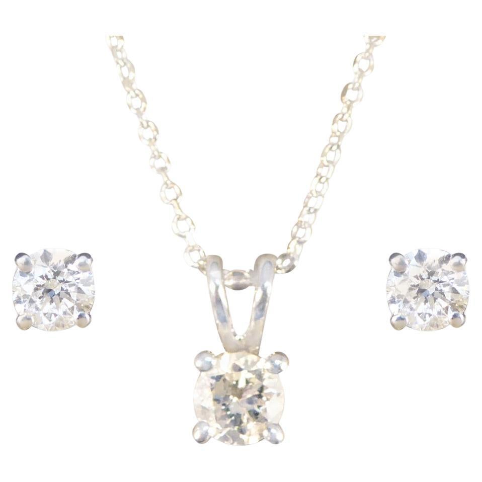 Diamond Stud Earrings and Necklace Set in White Gold For Sale
