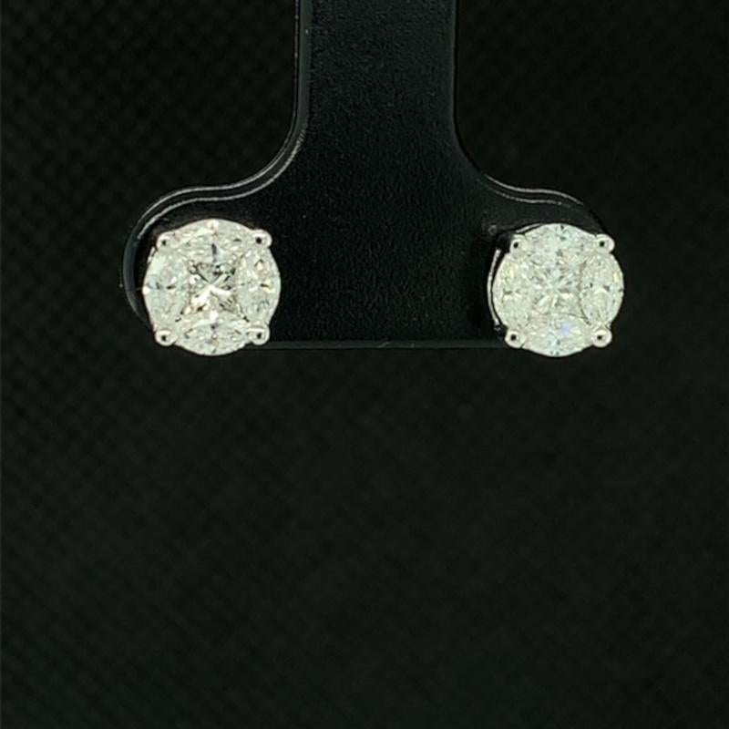 Artisan Diamond Illusion Stud Earrings in White Golds, 78 Carat Total  For Sale