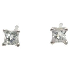 Diamond Stud Earrings Mined .35ct Princess Cut 14K White Gold Pushback