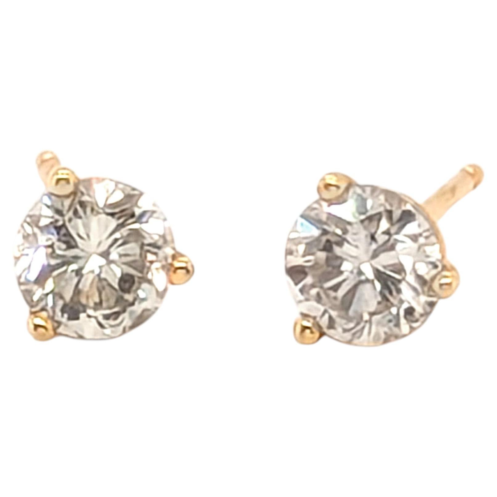Diamond Stud Earrings RBC Mined Diamonds .83ct 14K Gold 3 Prong Martini For Sale