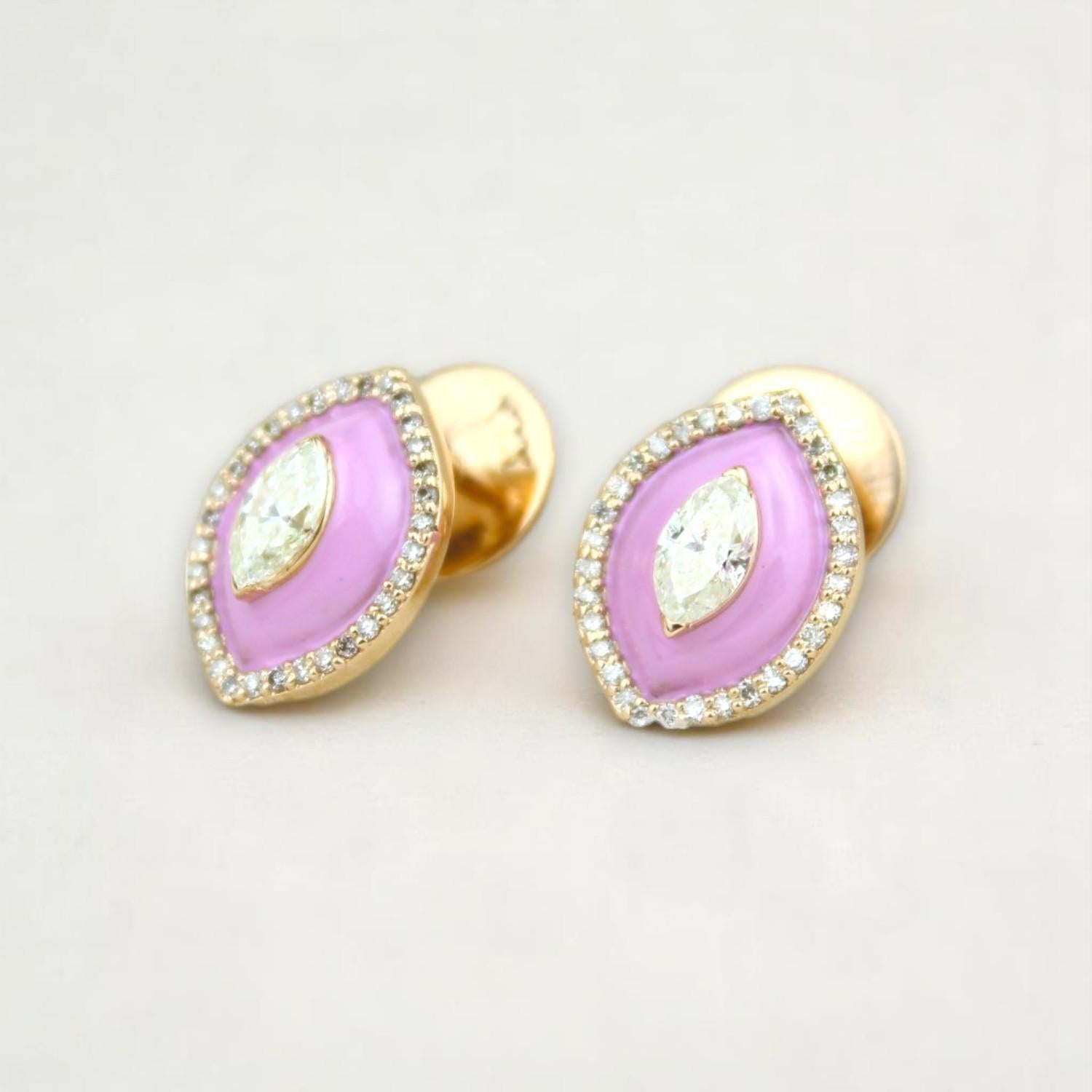 Art Deco Eye shape Diamond Stud Earrings with Pink Enamel in 14k Solid Gold (Certified) For Sale