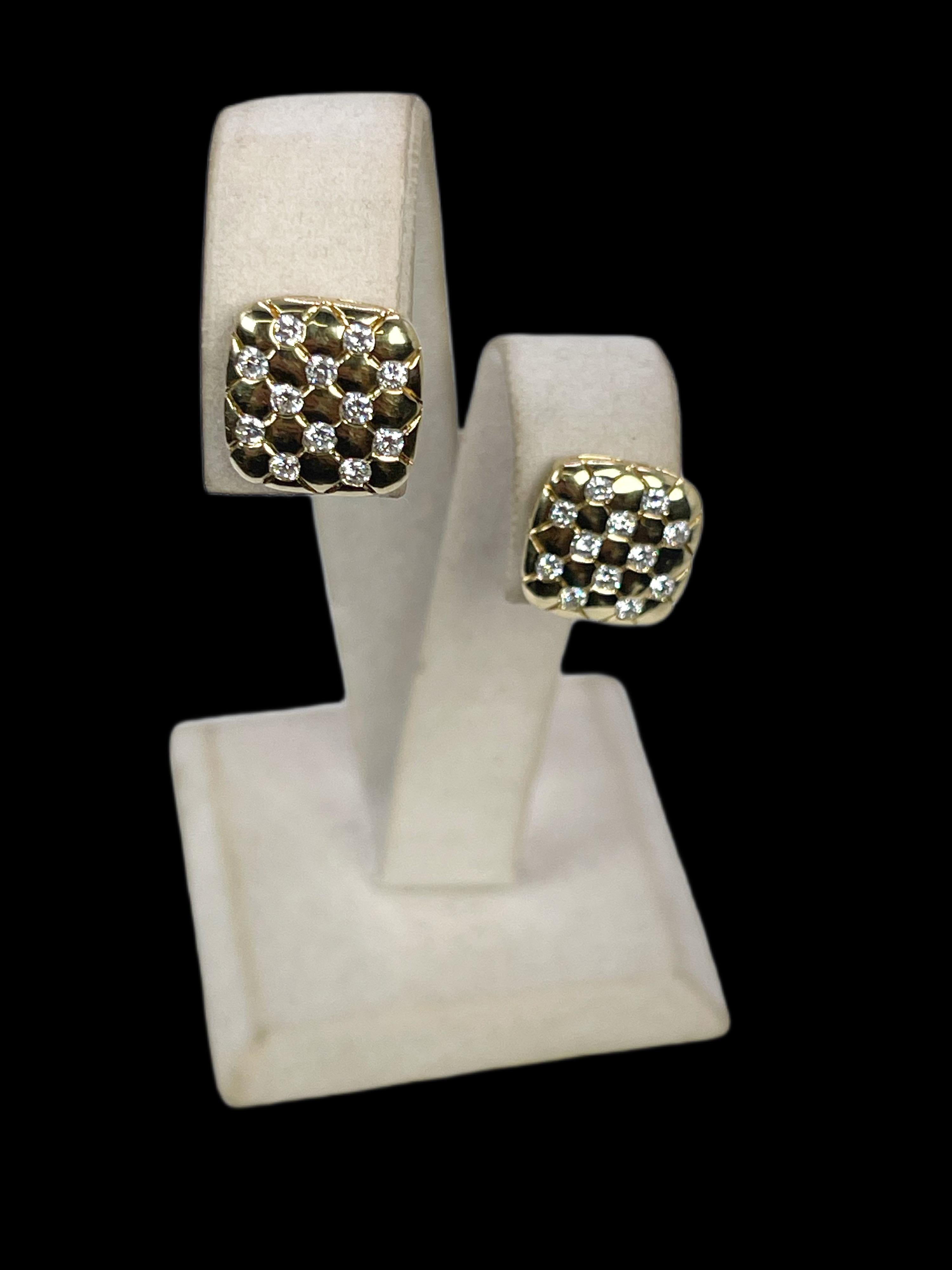 Comfortable pair of diamond earrings, featuring checkered design, half an inch approximate diameter made in 18KT yellow gold with butterfly stud closure.

CENTER STONE: NATURAL DIAMONDS (100% EARTH MINED DIAMONDS)
CARAT: 0.95CT
CLARITY: VS-SI
COLOR: