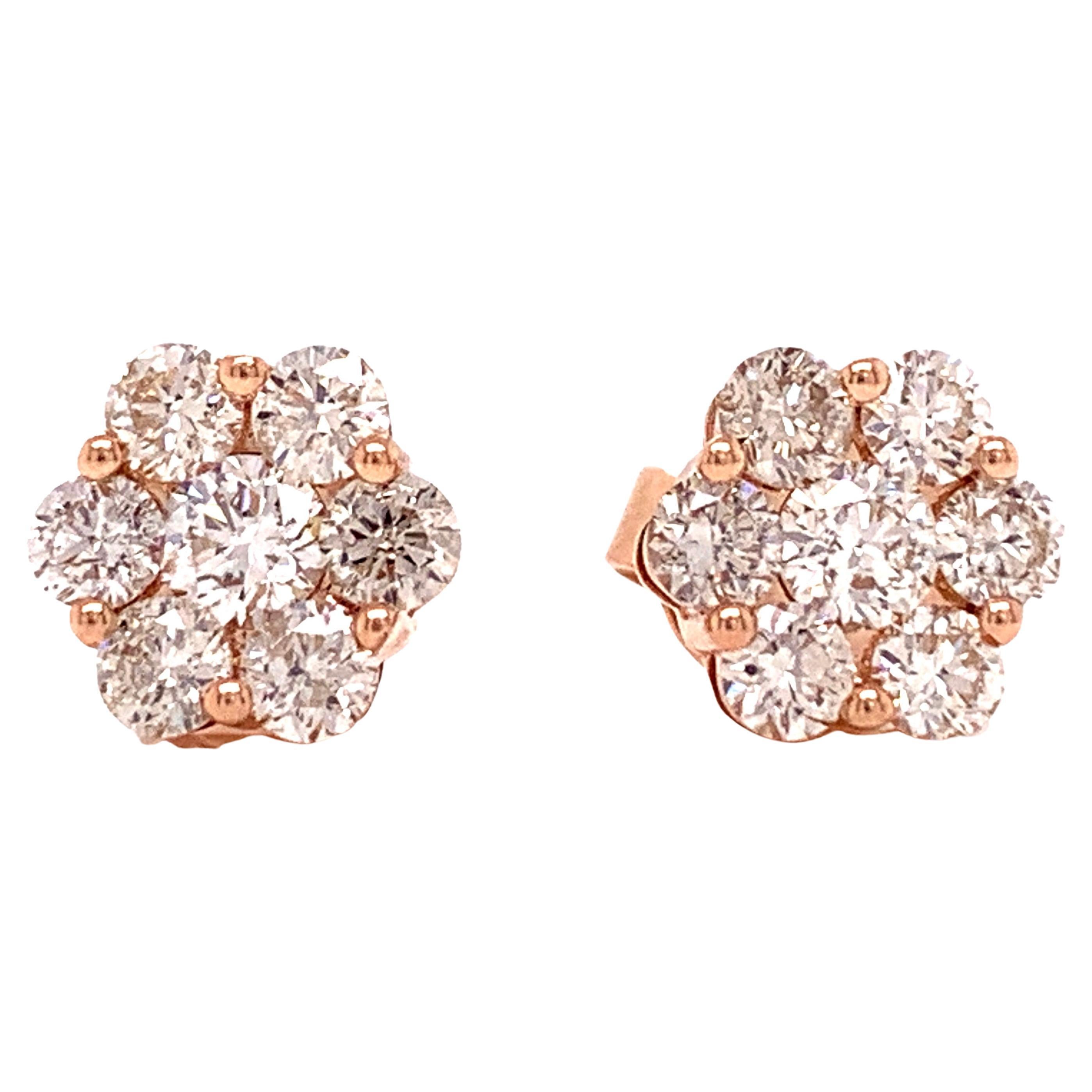 Round Cut Diamond Stud Flower Earrings For Sale