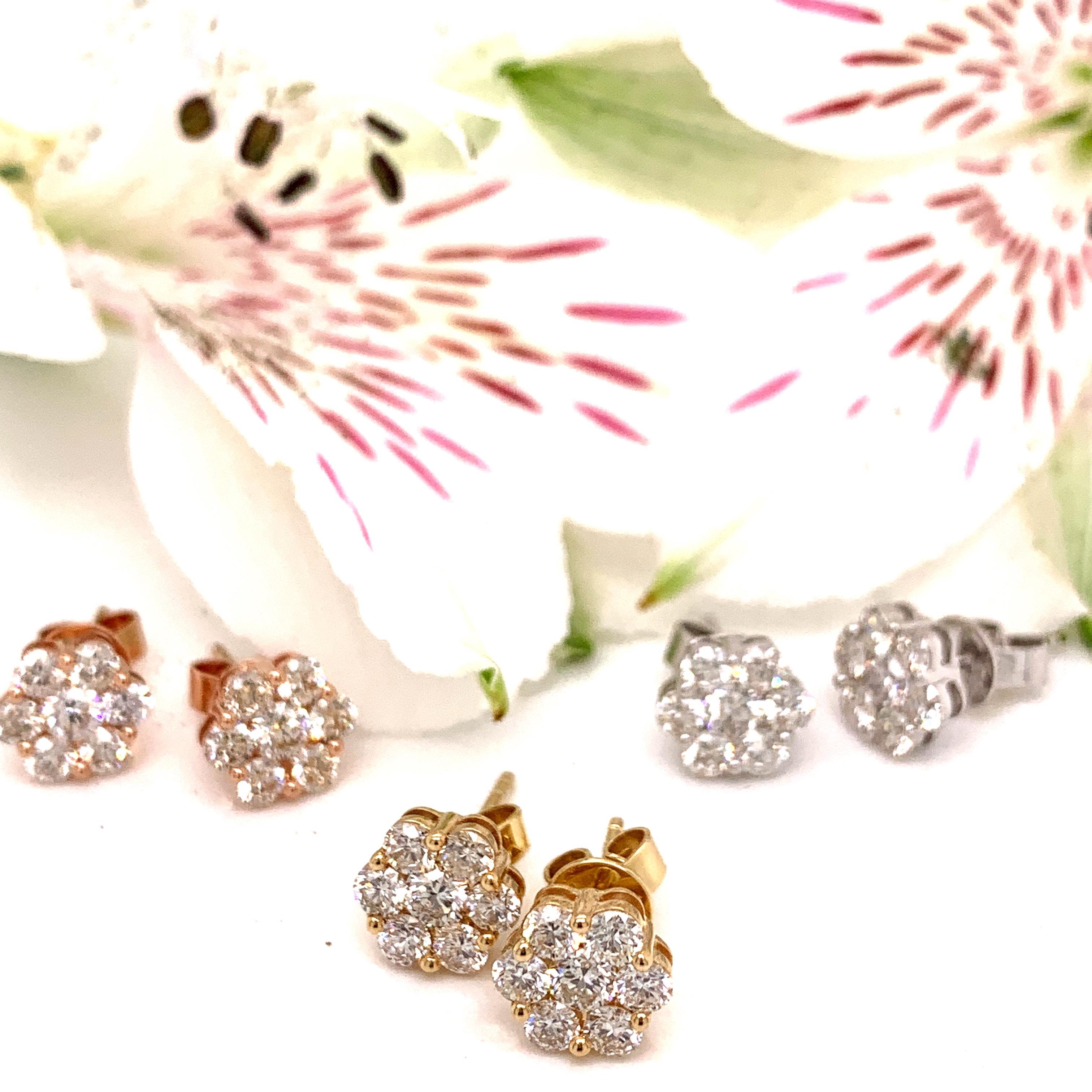 Modern Diamond Stud Flower Earrings One Cttw. For Sale