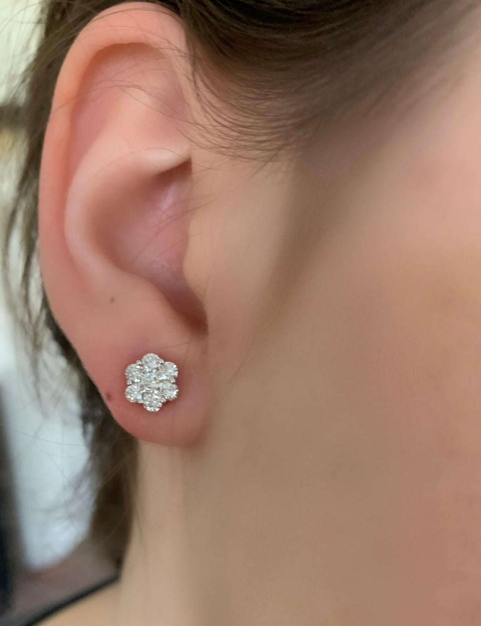Round Cut Diamond Stud Flower Earrings One Cttw. in White Gold For Sale
