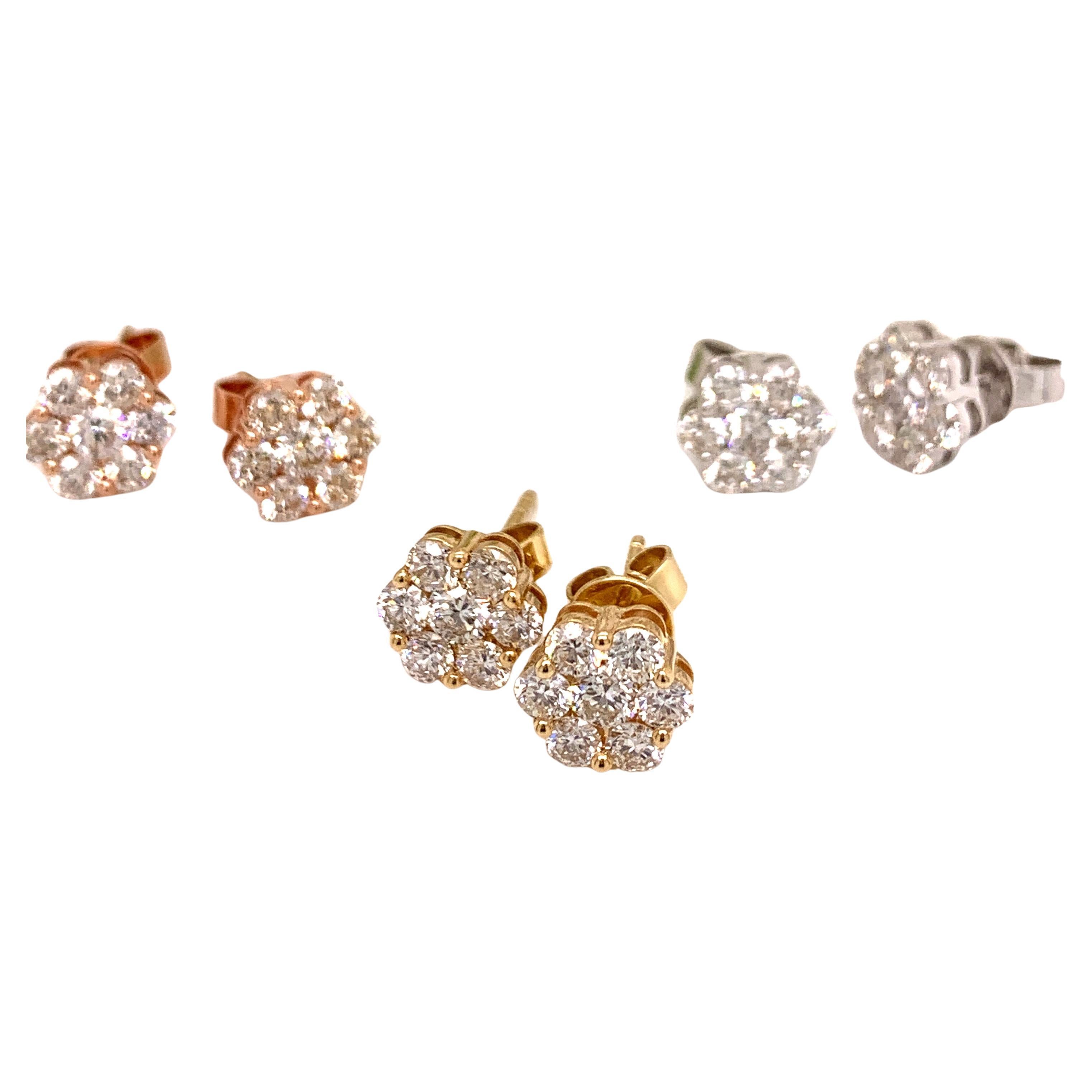 Diamond Stud Flower Earrings One Cttw. in White Gold