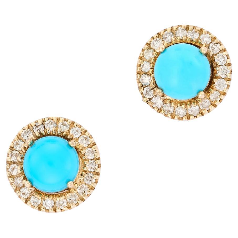 Turquoise and Diamond Halo Stud Earrings in 14K Yellow Gold