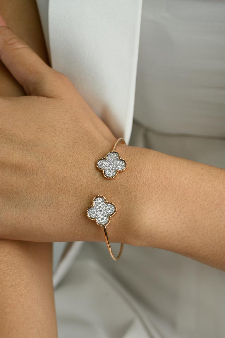 Modern Clover Diamond Cuff Bracelet 18k Solid Rose Gold, Christmas Gift For Her For Sale
