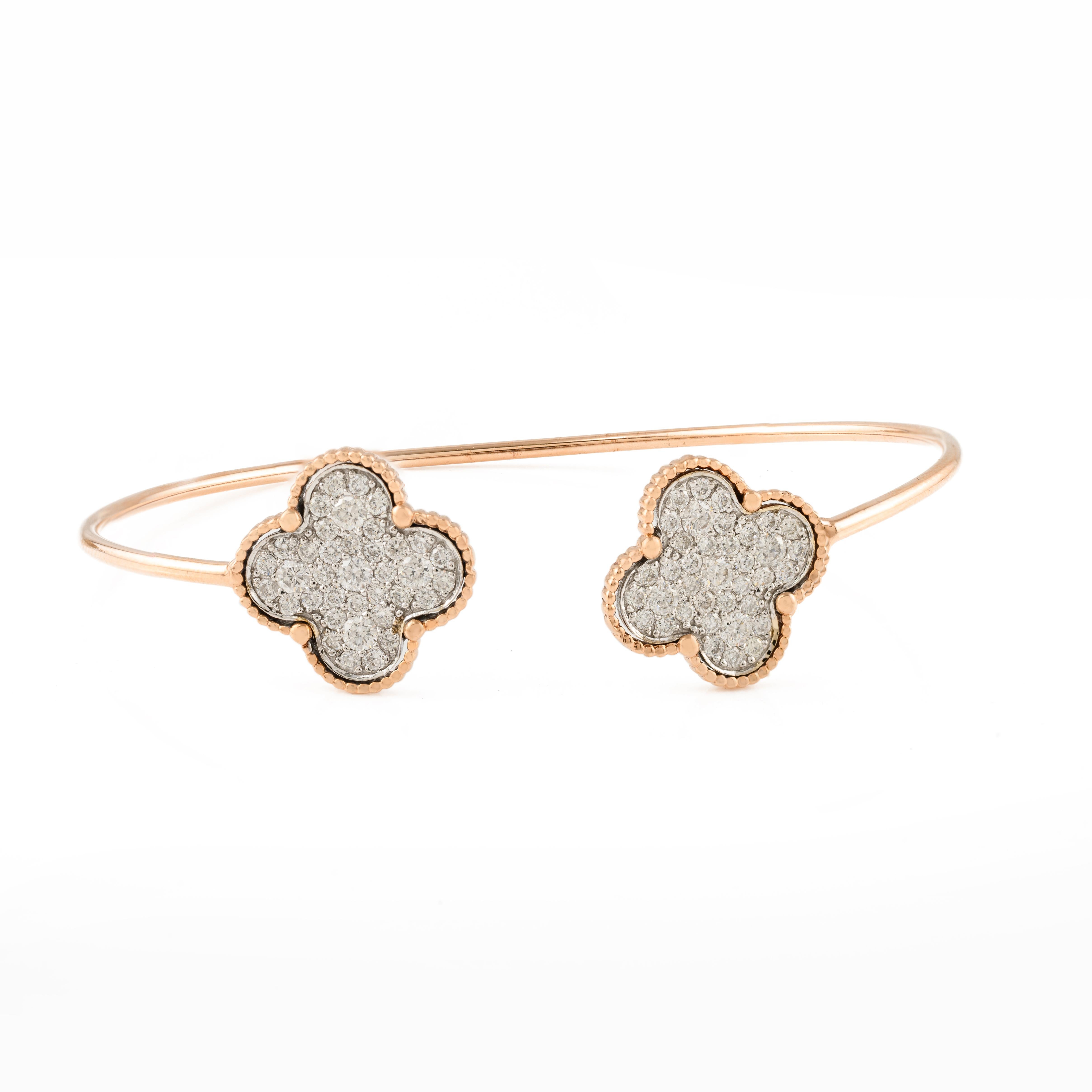 Round Cut Clover Diamond Cuff Bracelet 18k Solid Rose Gold, Christmas Gift For Her For Sale