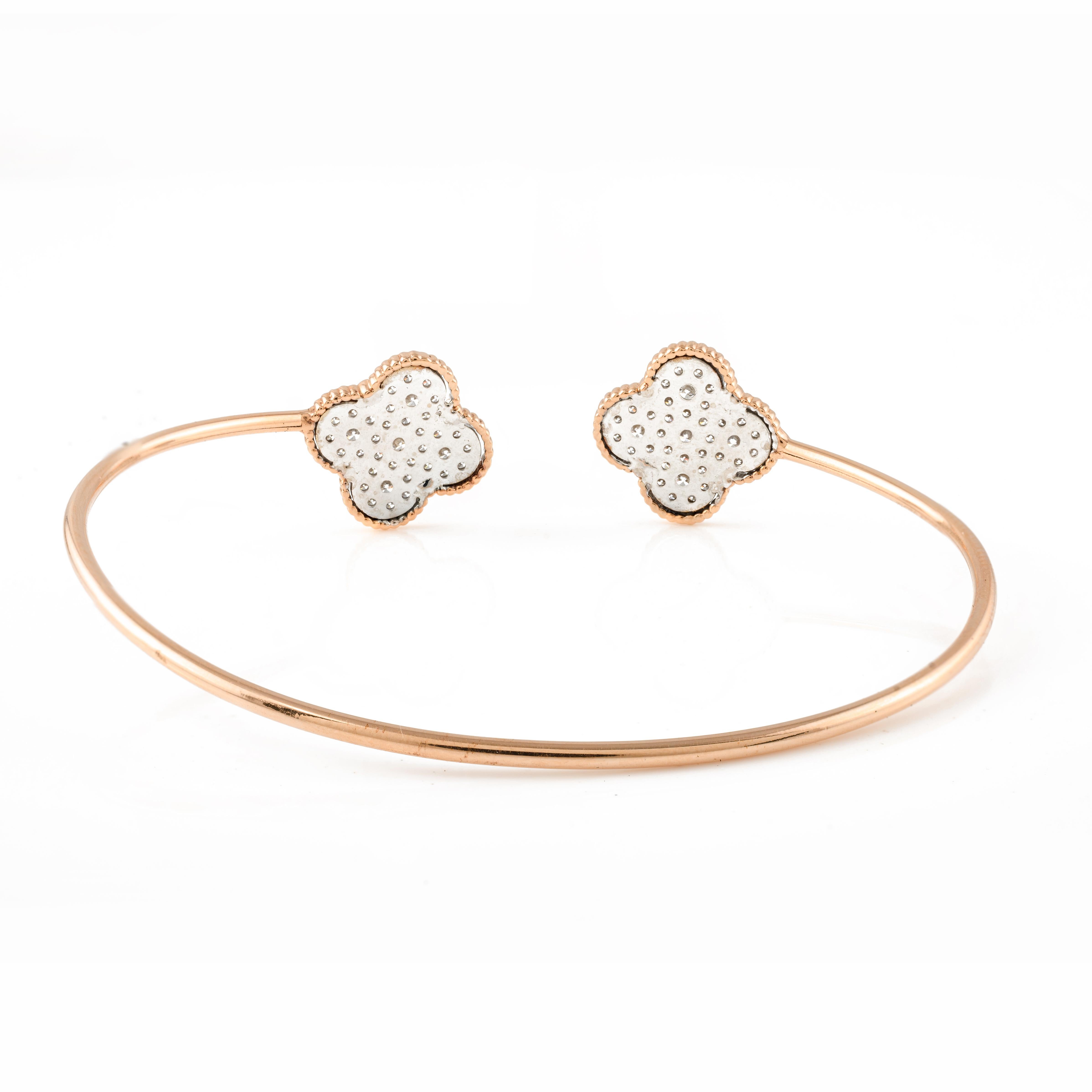 Clover Diamond Cuff Bracelet 18k Solid Rose Gold, Christmas Gift For Her In New Condition For Sale In Houston, TX