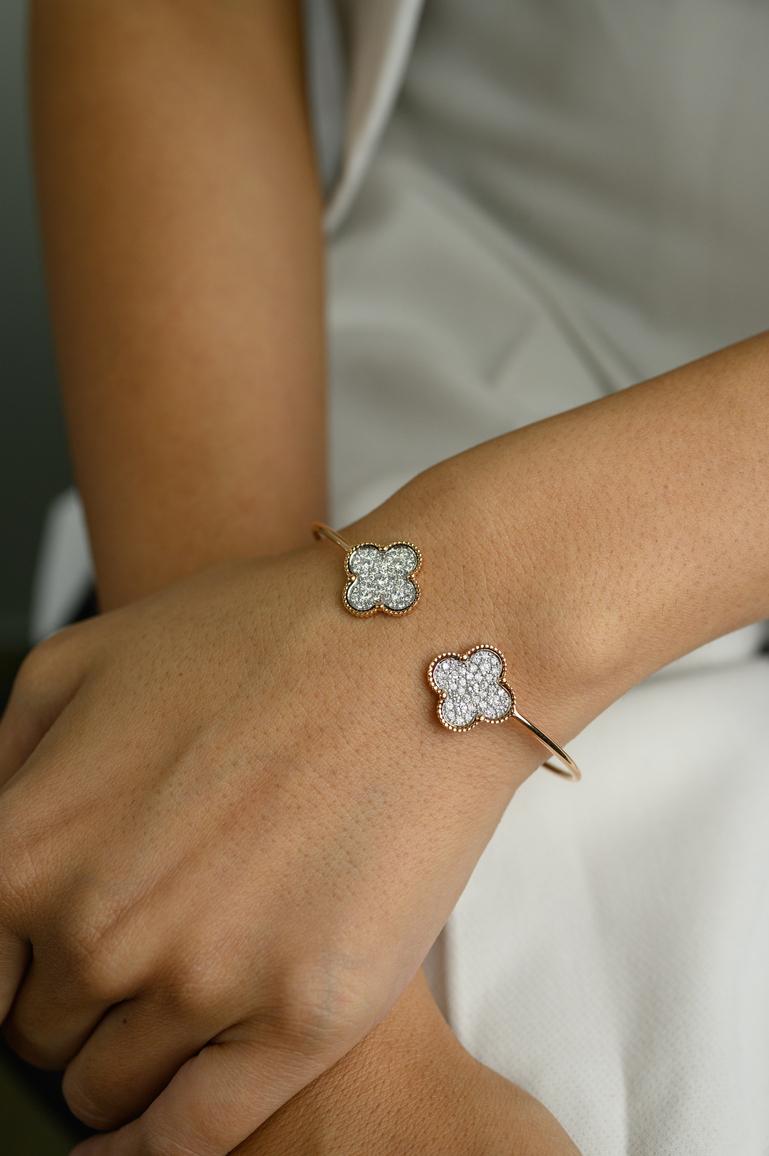 Women's Clover Diamond Cuff Bracelet 18k Solid Rose Gold, Christmas Gift For Her For Sale