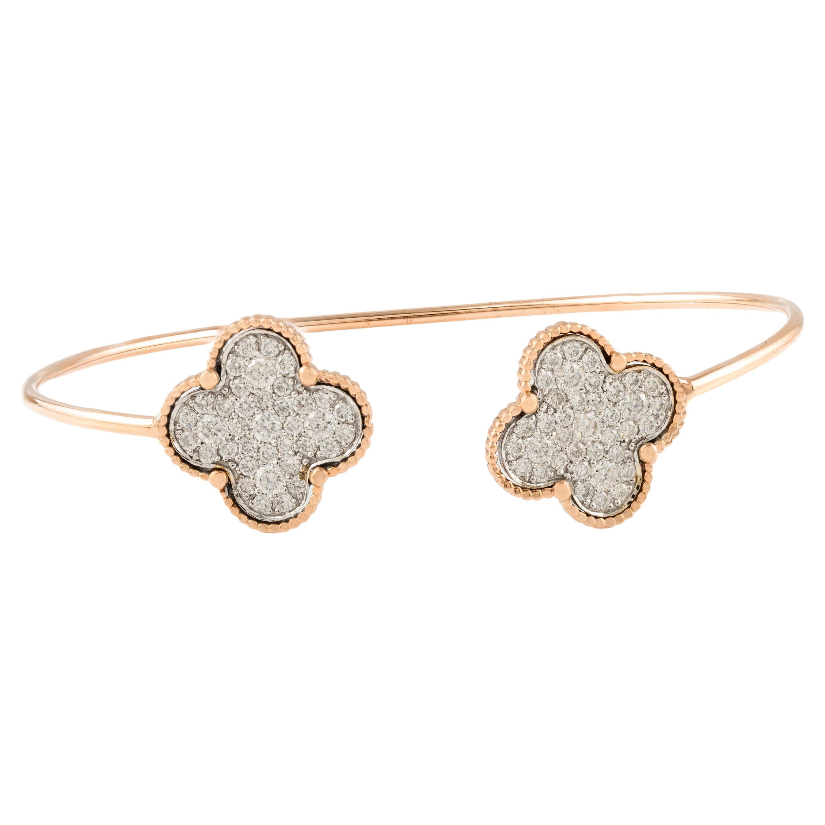 Clover Diamond Cuff Bracelet 18k Solid Rose Gold, Christmas Gift For Her For Sale