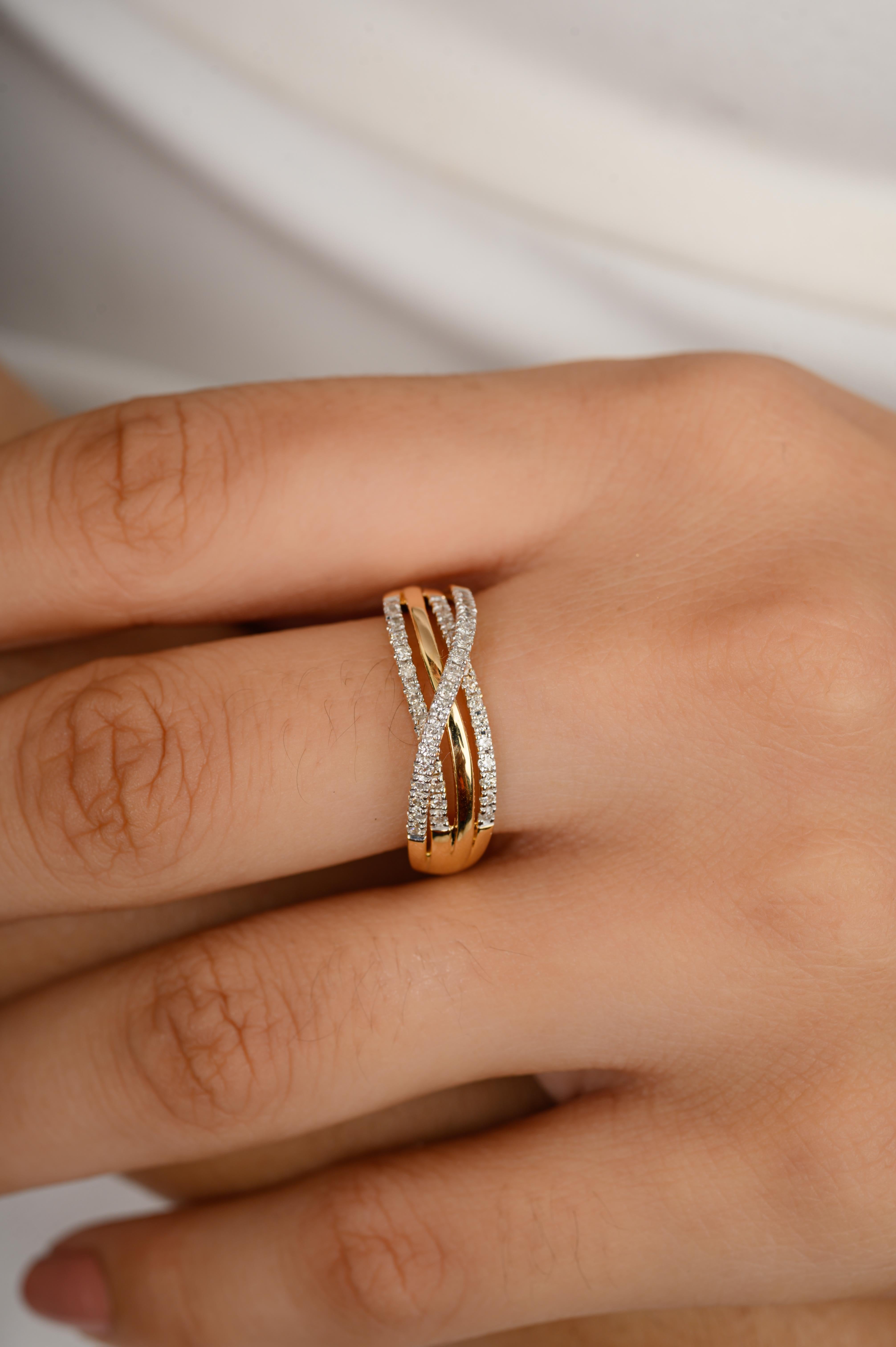For Sale:  Diamond Studded Crossover Wedding Ring for Women in 18k Solid Yellow Gold 4