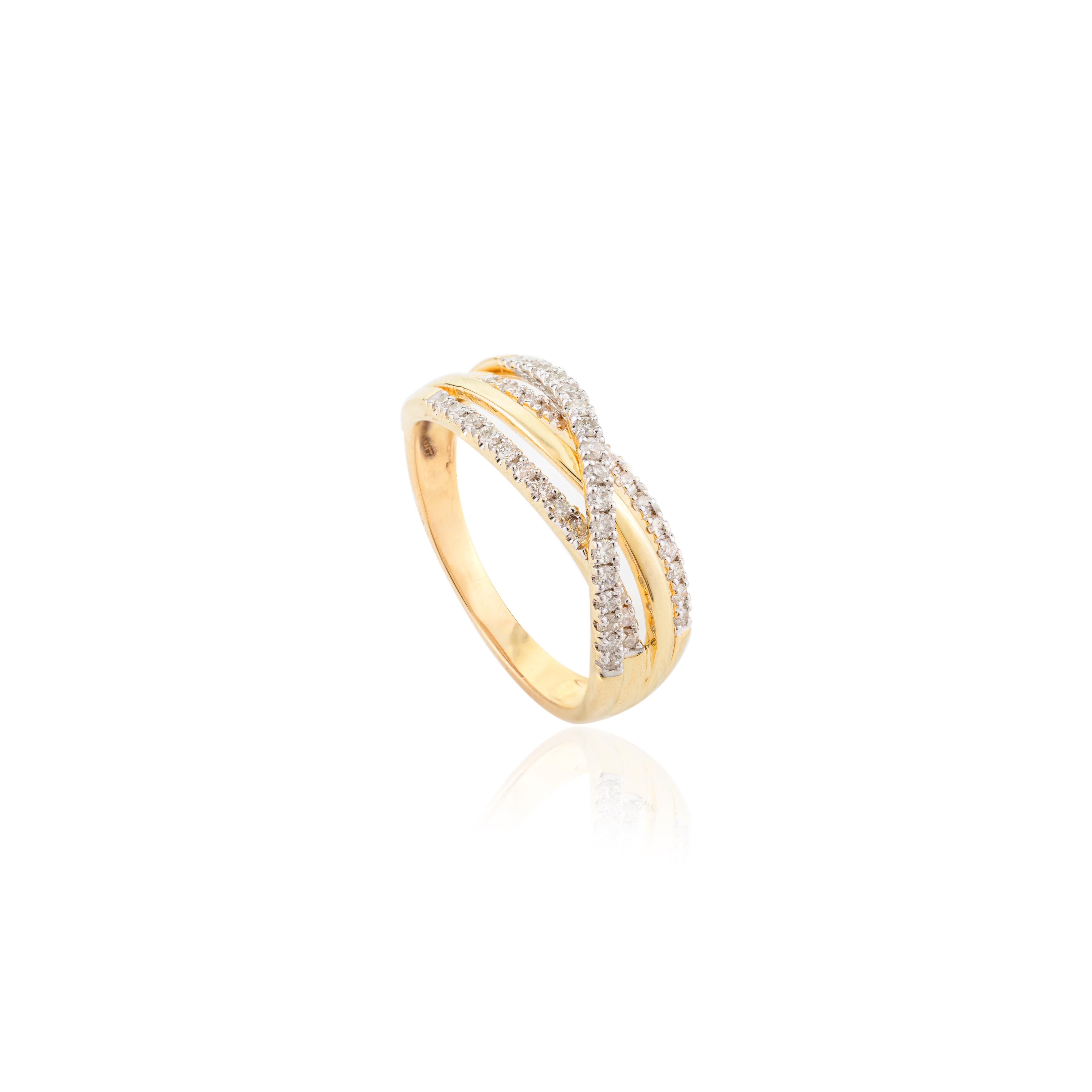 For Sale:  Diamond Studded Crossover Wedding Ring for Women in 18k Solid Yellow Gold 7