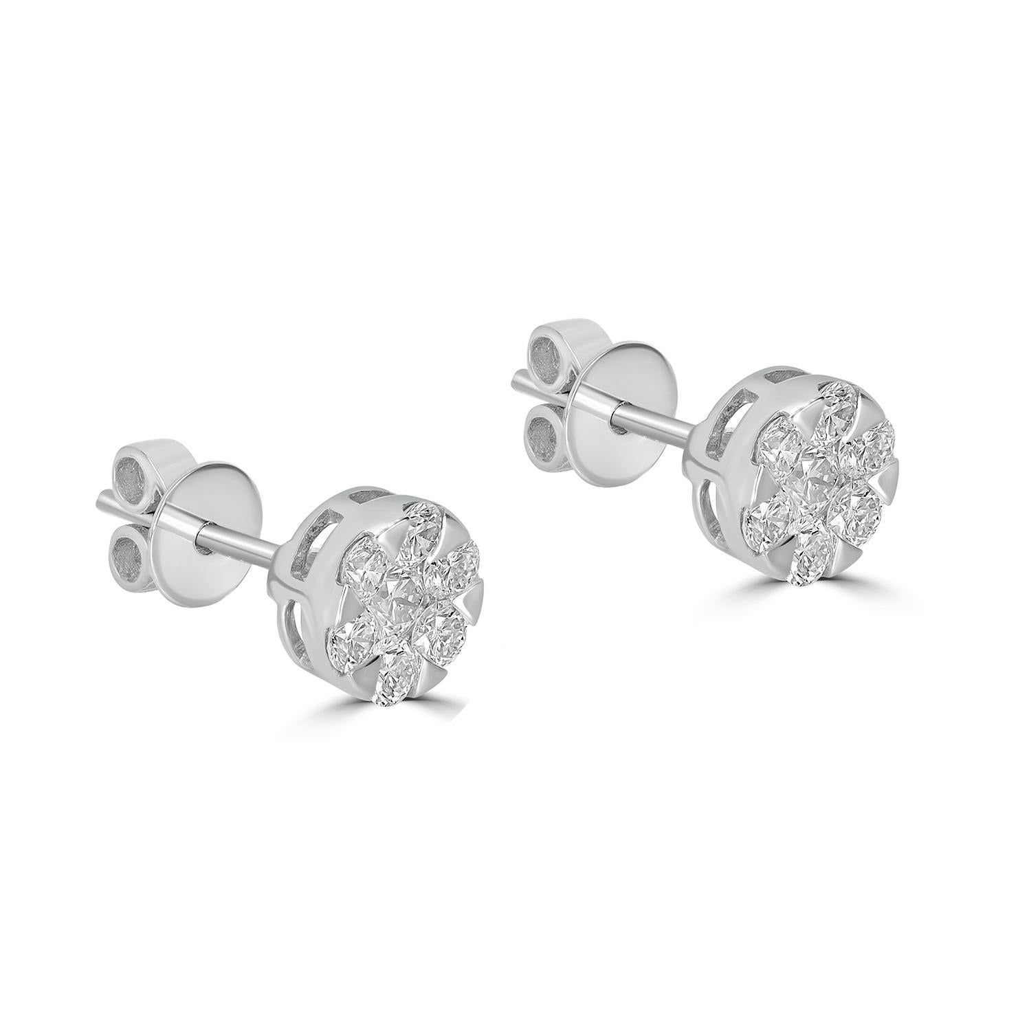 Art Deco Diamond Studded Minimal Studs Earrings Made In 18k White Gold For Sale