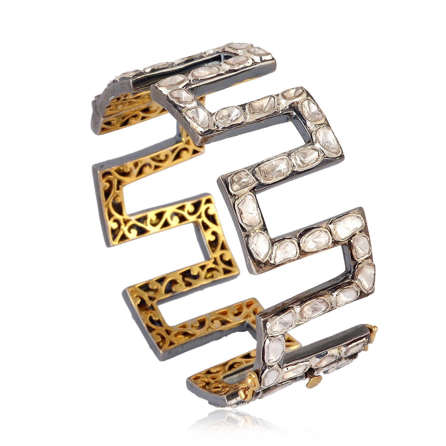 Artisan Modern Architecture Polki Diamond Cuff With Designer Gold Grill For Sale