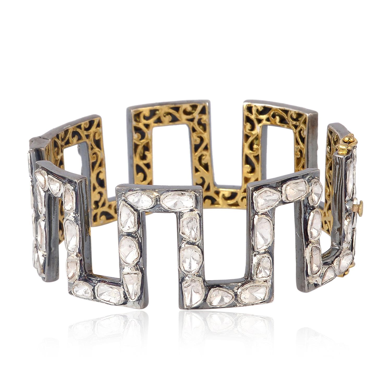 Modern Architecture Polki Diamond Cuff With Designer Gold Grill In New Condition For Sale In New York, NY