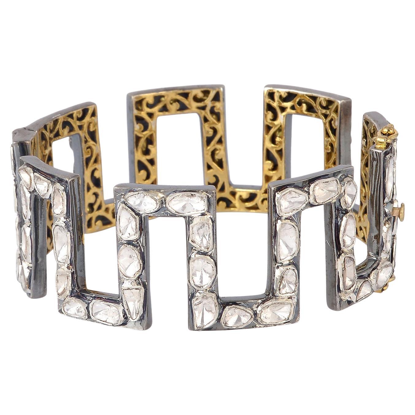 Modern Architecture Polki Diamond Cuff With Designer Gold Grill For Sale