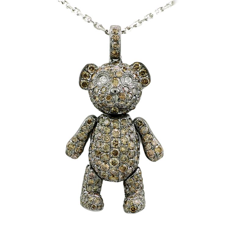 Contemporary Diamond studded Pendant Teddy Bear white and fancy cognac 18 Karat White Gold For Sale