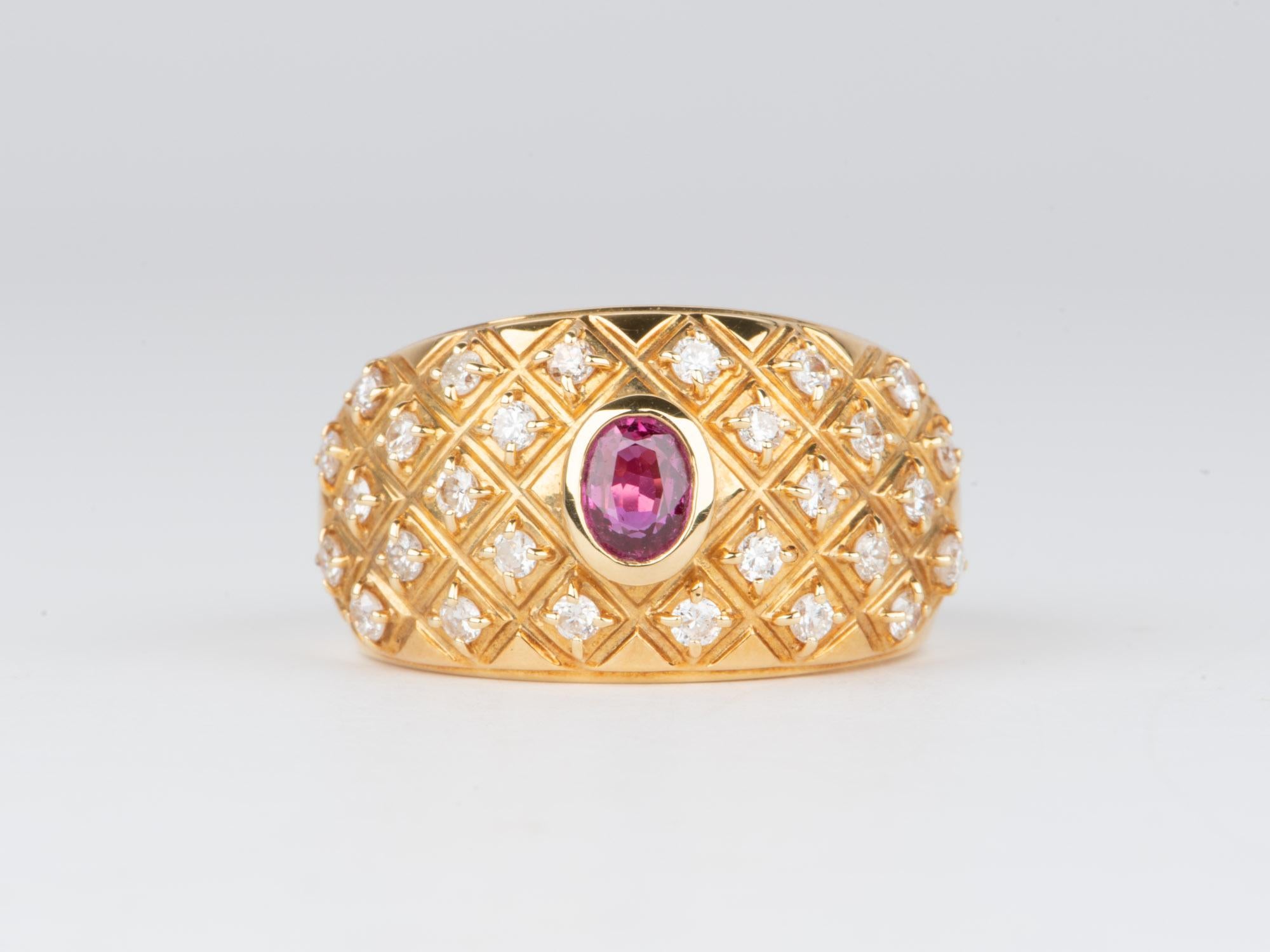 Experience true luxury and sophistication with this exquisite Diamond and Ruby Studded Wide Band! Its stunning cluster of diamonds glisten like no other, while its wide band is designed for maximum comfort and everyday wear. Enjoy the dazzling