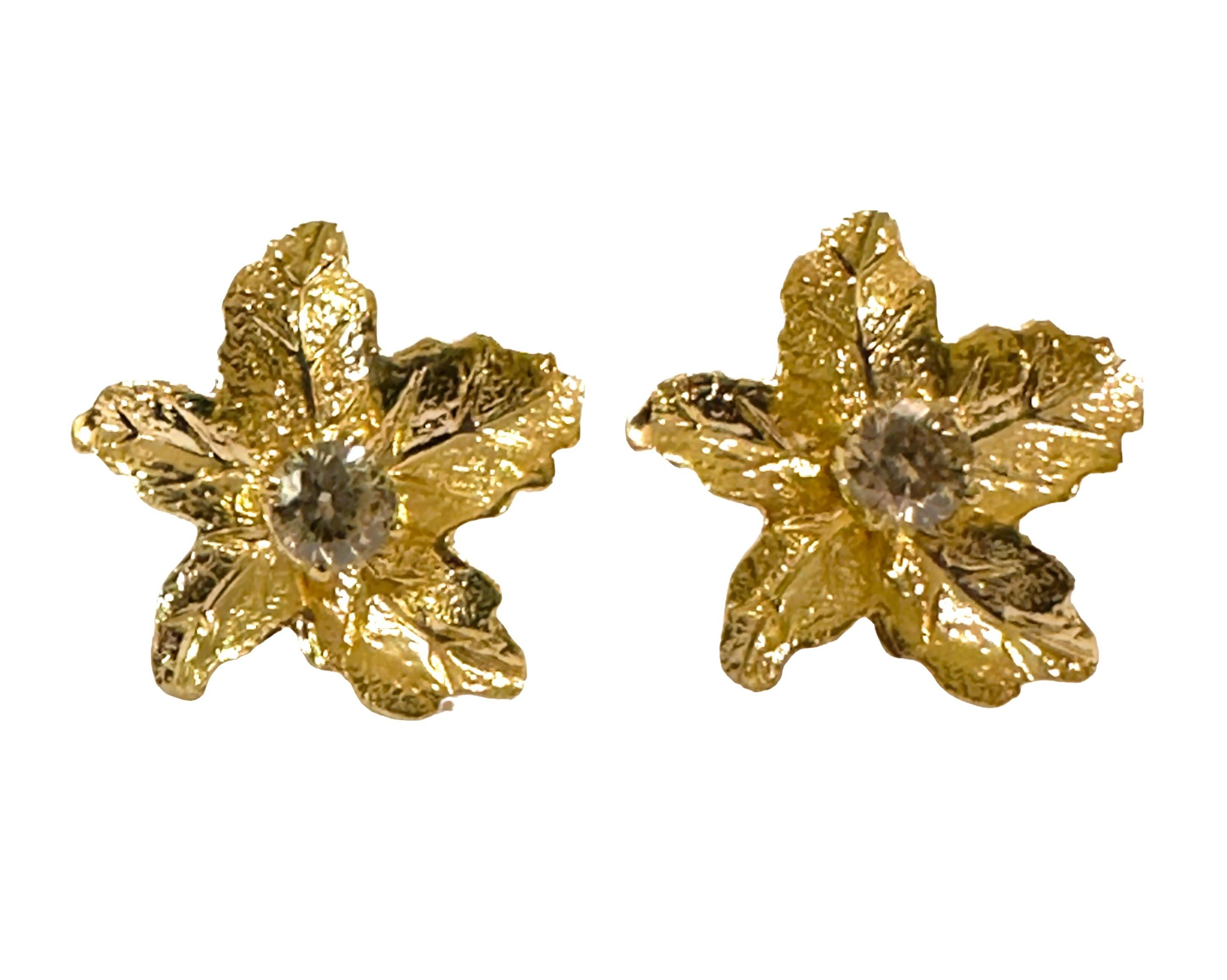 Brilliant Cut Diamond Studs with 14k Yellow Gold Leaf Jackets Earrings With Appraisal For Sale