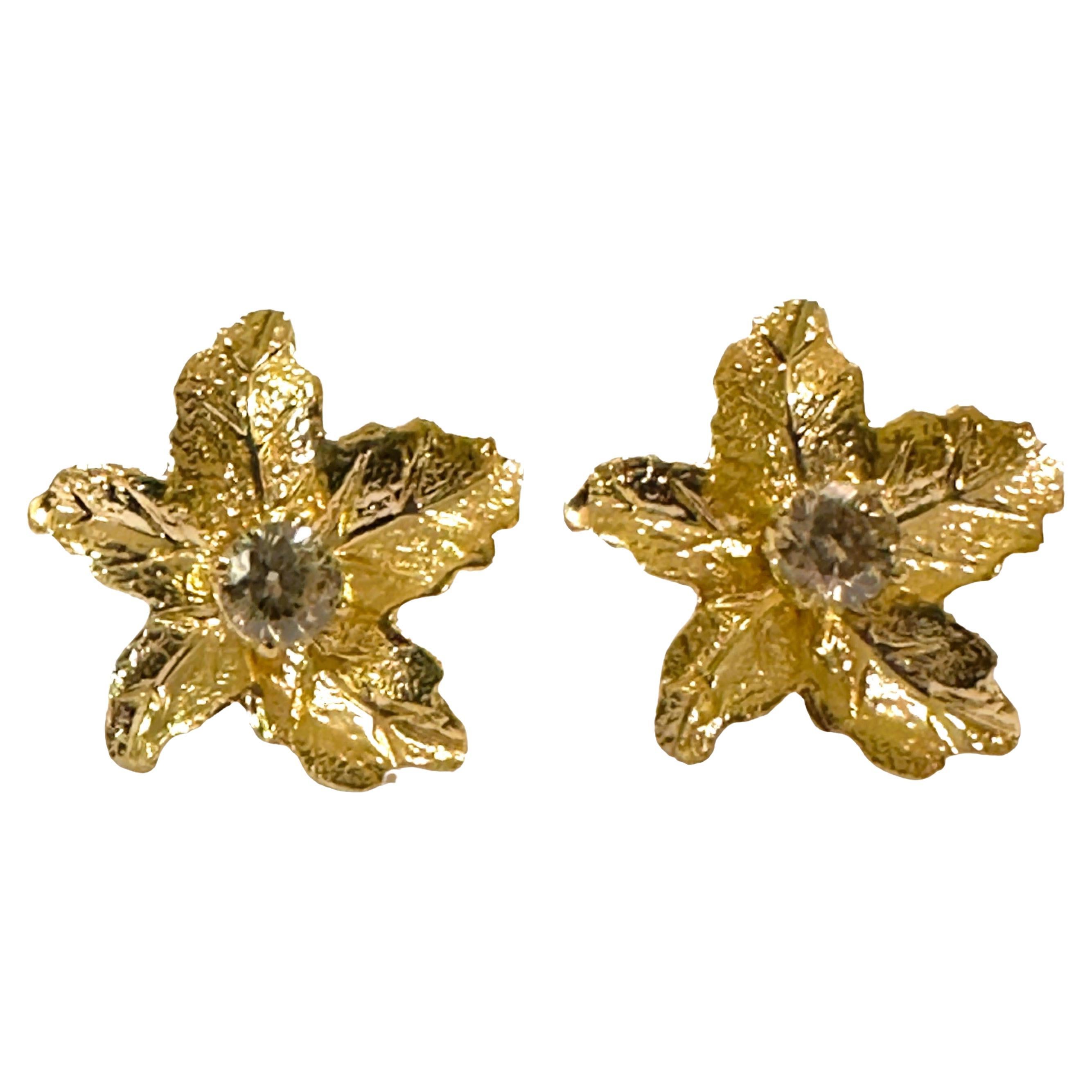 Diamond Studs with 14k Yellow Gold Leaf Jackets Earrings With Appraisal For Sale