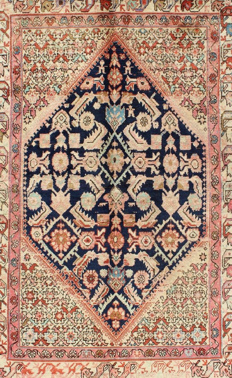 Hand-Knotted Diamond Sub-Geometric Medallion Antique Malayer Persian Rug with Floral Borders