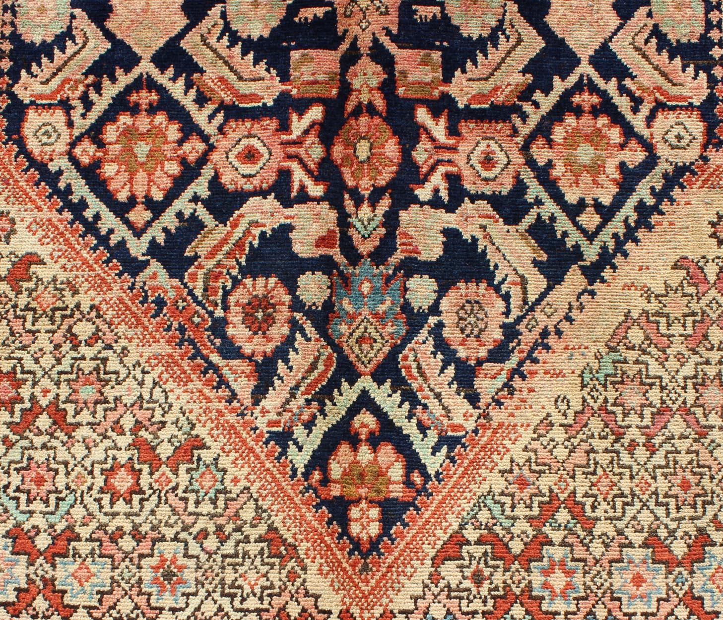 Wool Diamond Sub-Geometric Medallion Antique Malayer Persian Rug with Floral Borders