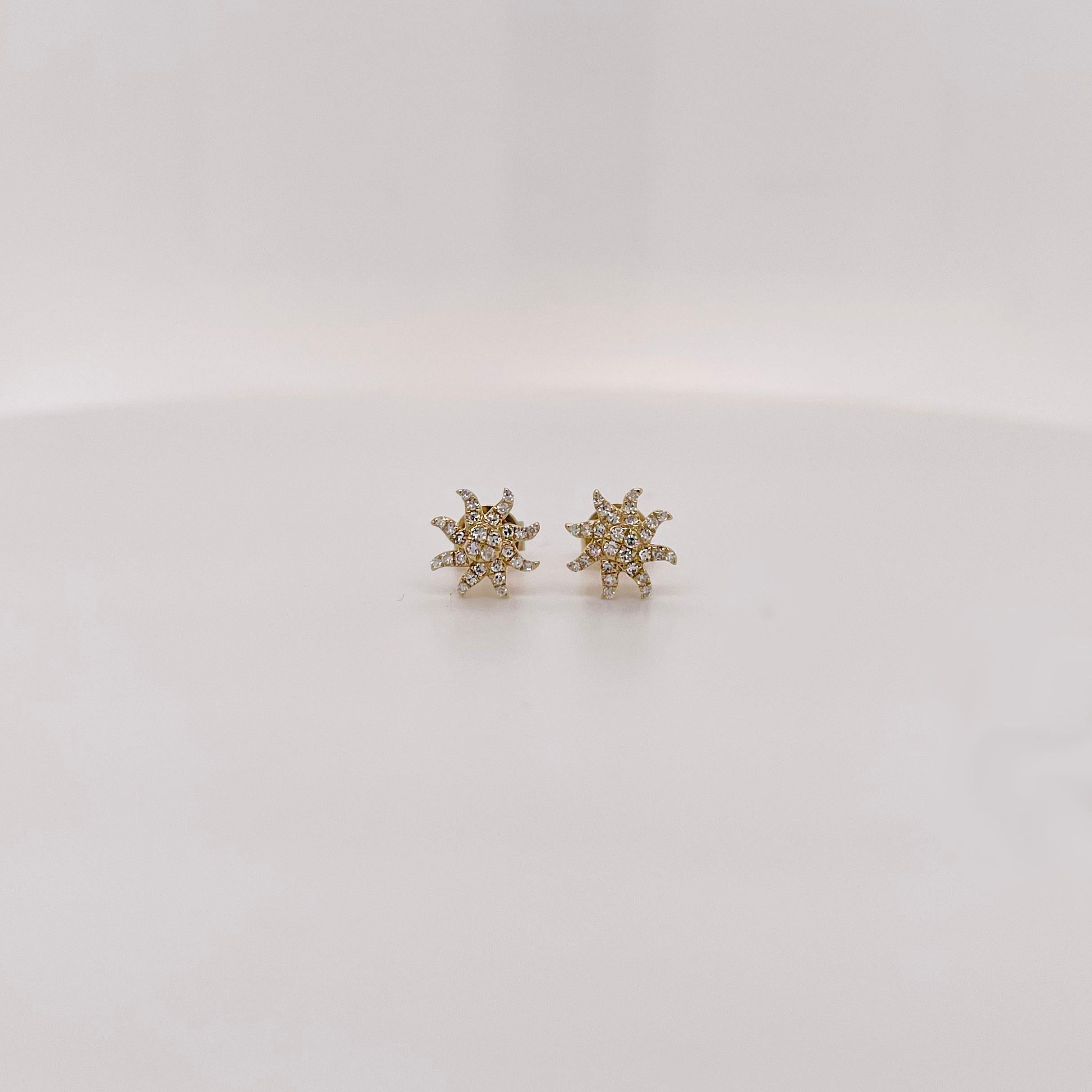 Looking for a new cute pair of diamond studs? These starburst diamond studs are the perfect addition to any fine jewelry collection! Made with genuine, natural diamonds and solid 14 karat yellow gold. Wear these as your signature piece or stack them