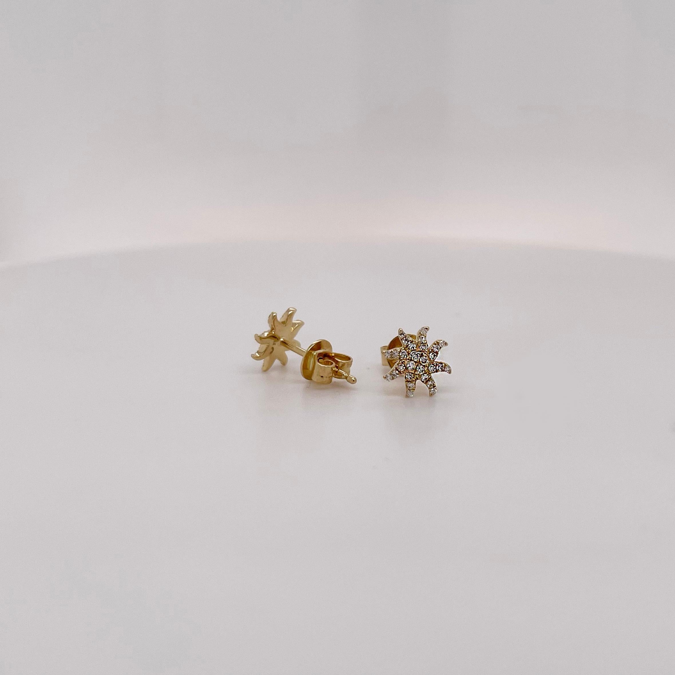Contemporary Diamond Sun Earring Studs 14K Yellow Gold .13ct Round Diamond Starburst Earrings For Sale
