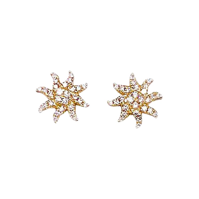 Pendientes Sol de Diamantes Oro Amarillo 14K .13ct Pendientes Estrella de Diamantes Redondos