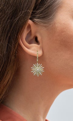 Diamond Sunburst Earrings 1.19 Carats 14K Yellow Gold