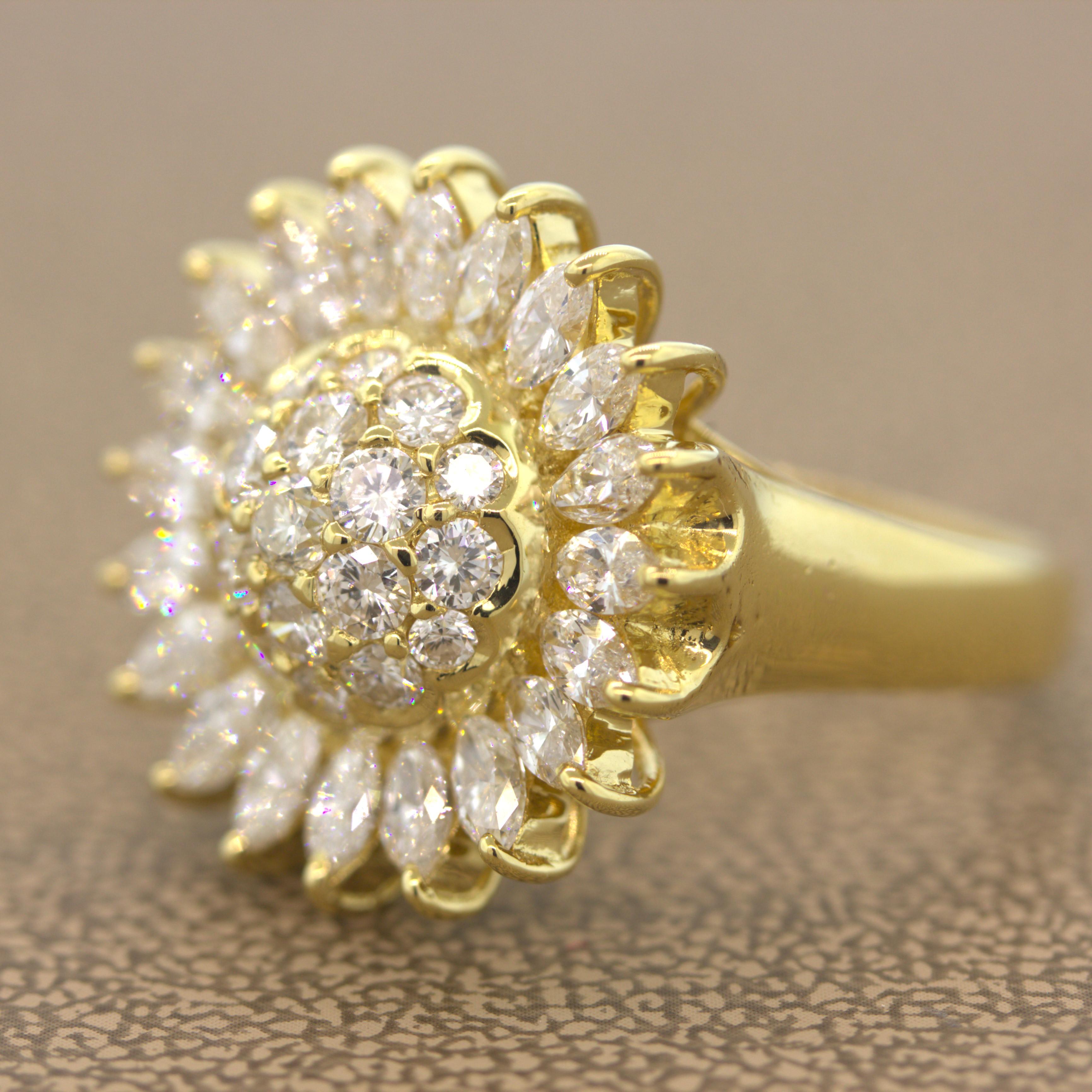 Marquise Cut Diamond Sunflower Gold Ring For Sale