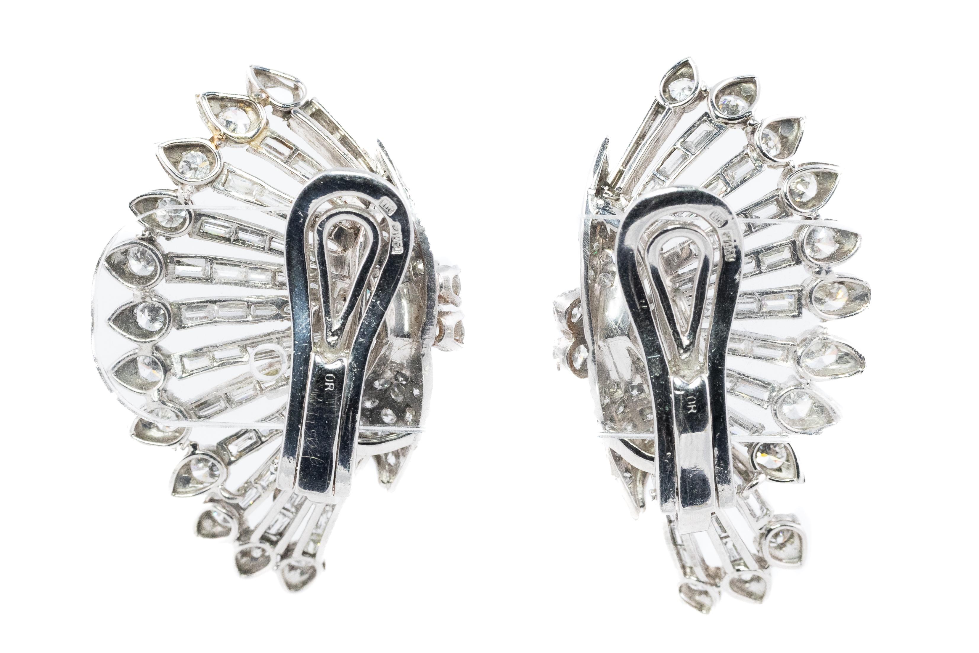 Retro Diamond Sunray Motif Earrings in Platinum For Sale