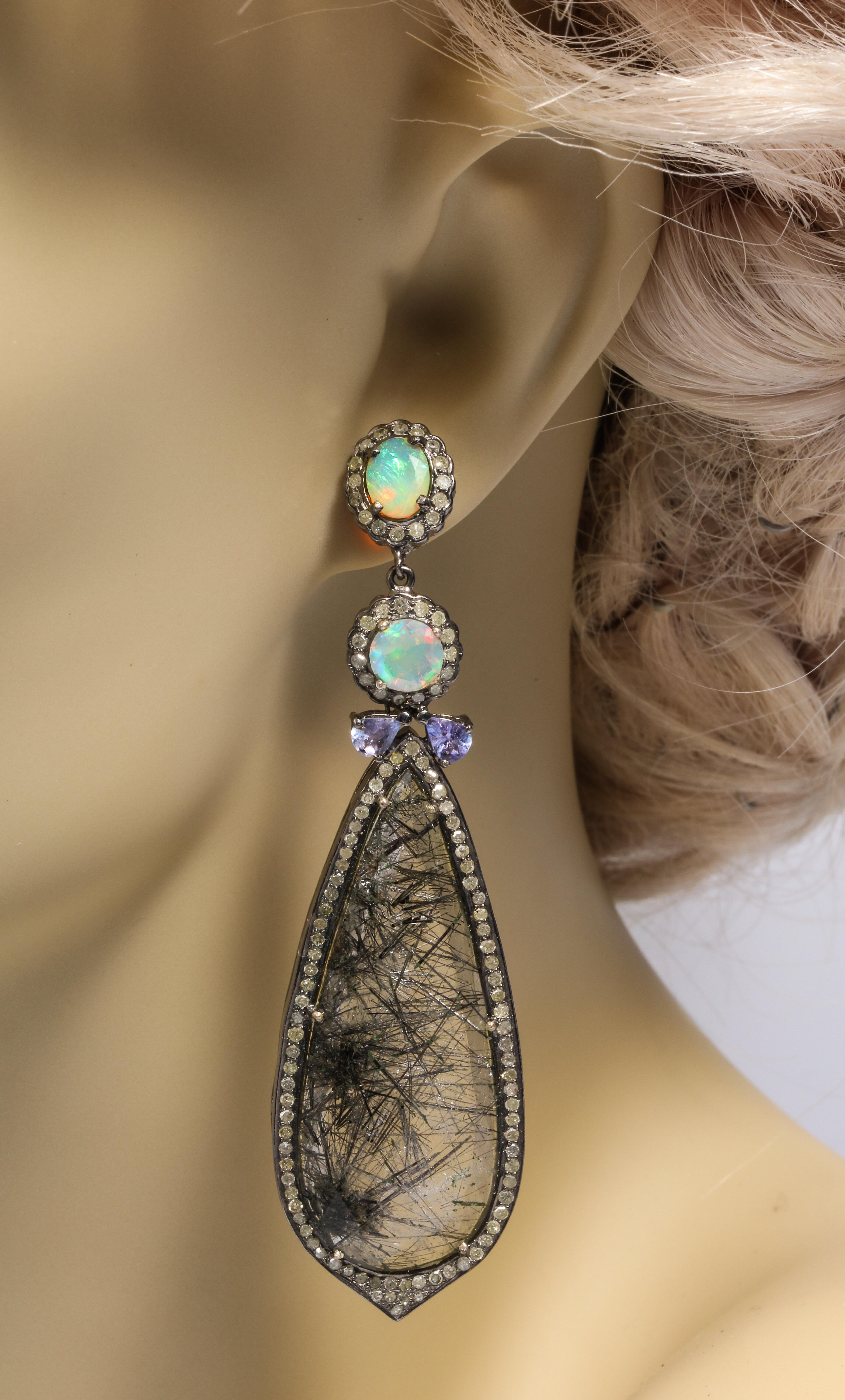 Anglo-Indian Diamond Surrounded Opal Rutilated Needle Quartz Long Earrings