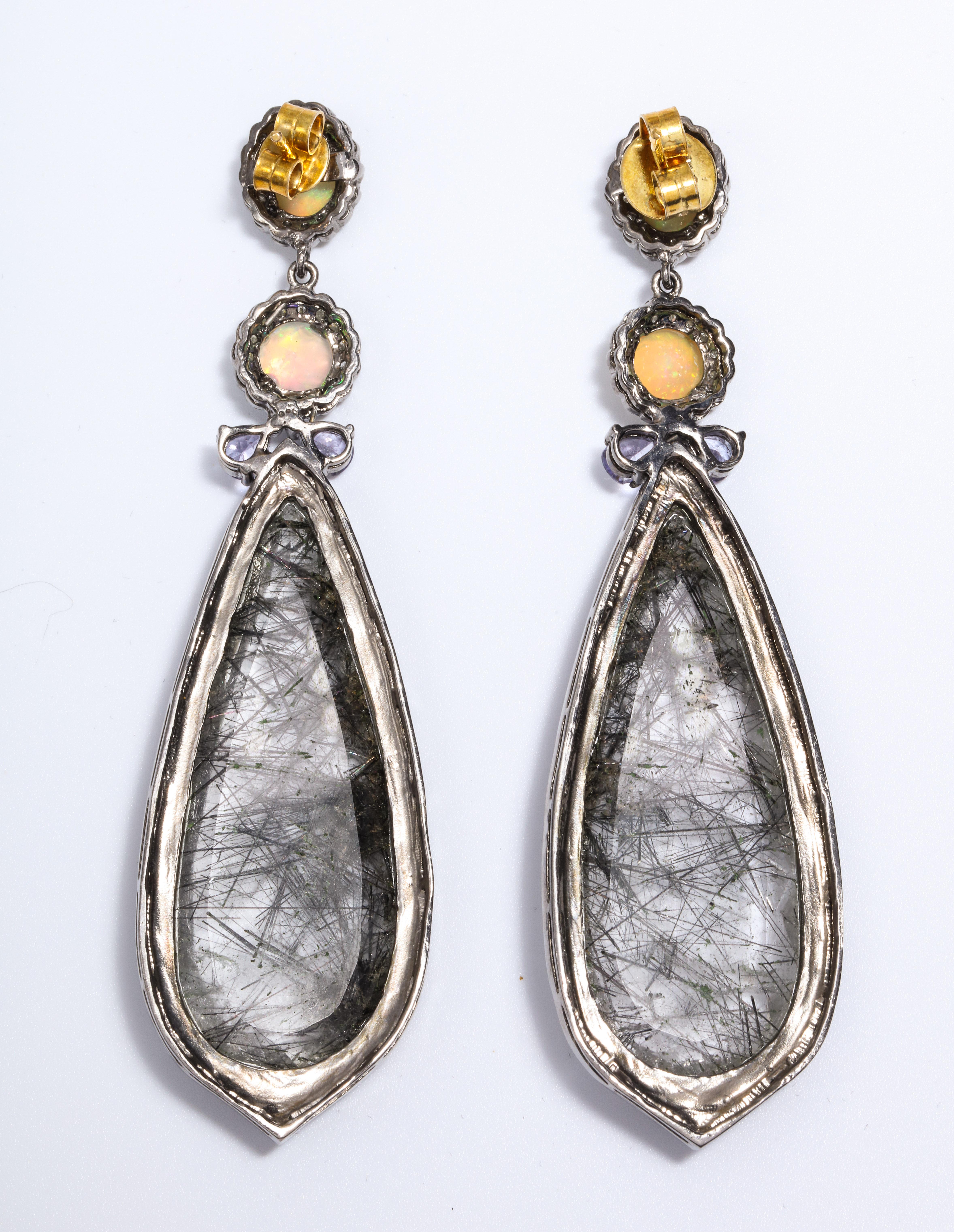 Diamond Surrounded Opal Rutilated Needle Quartz Long Earrings In New Condition In New York, NY