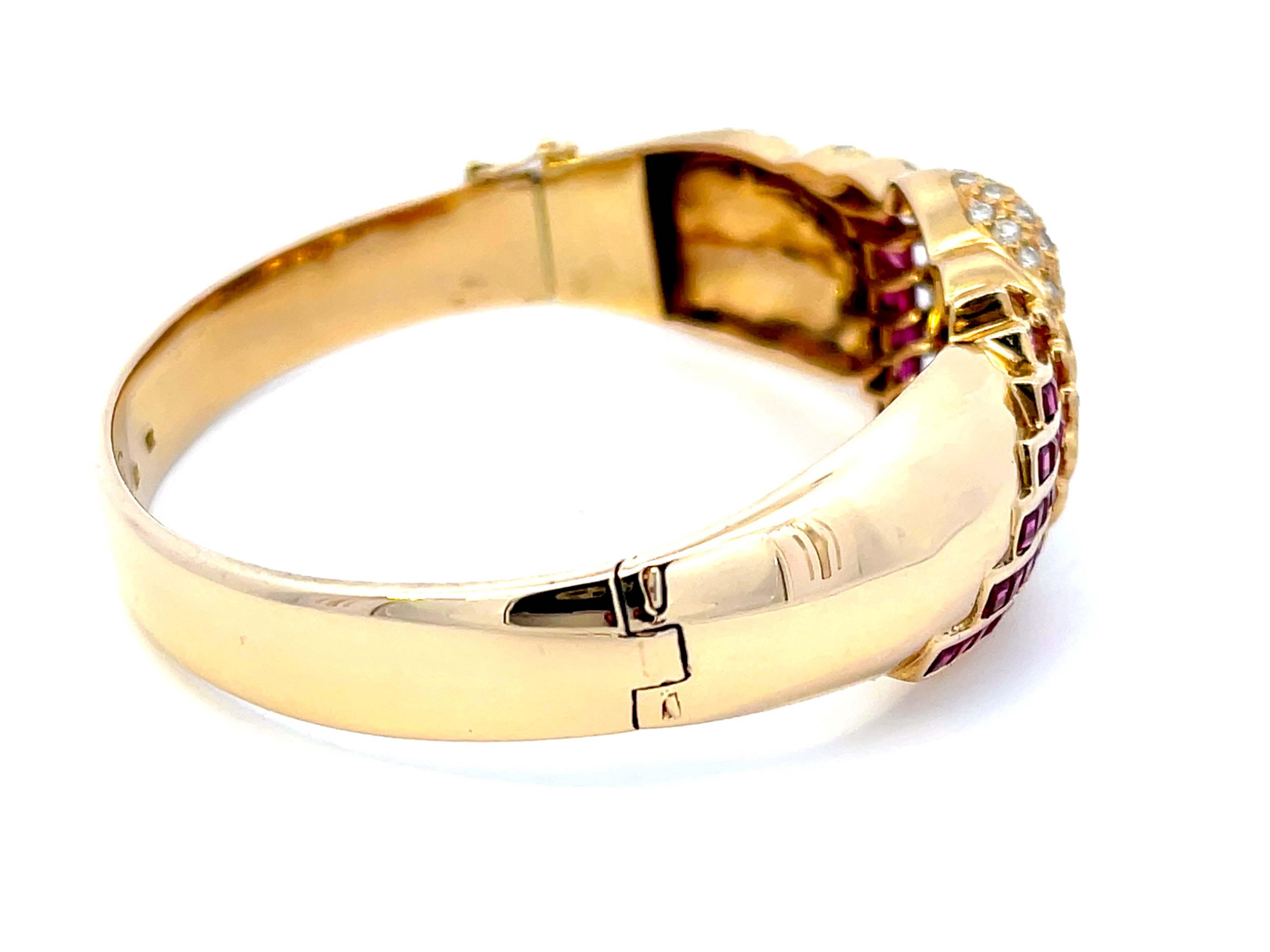 Modern Diamond Swan and Ruby Bangle in 14k Yellow Gold For Sale