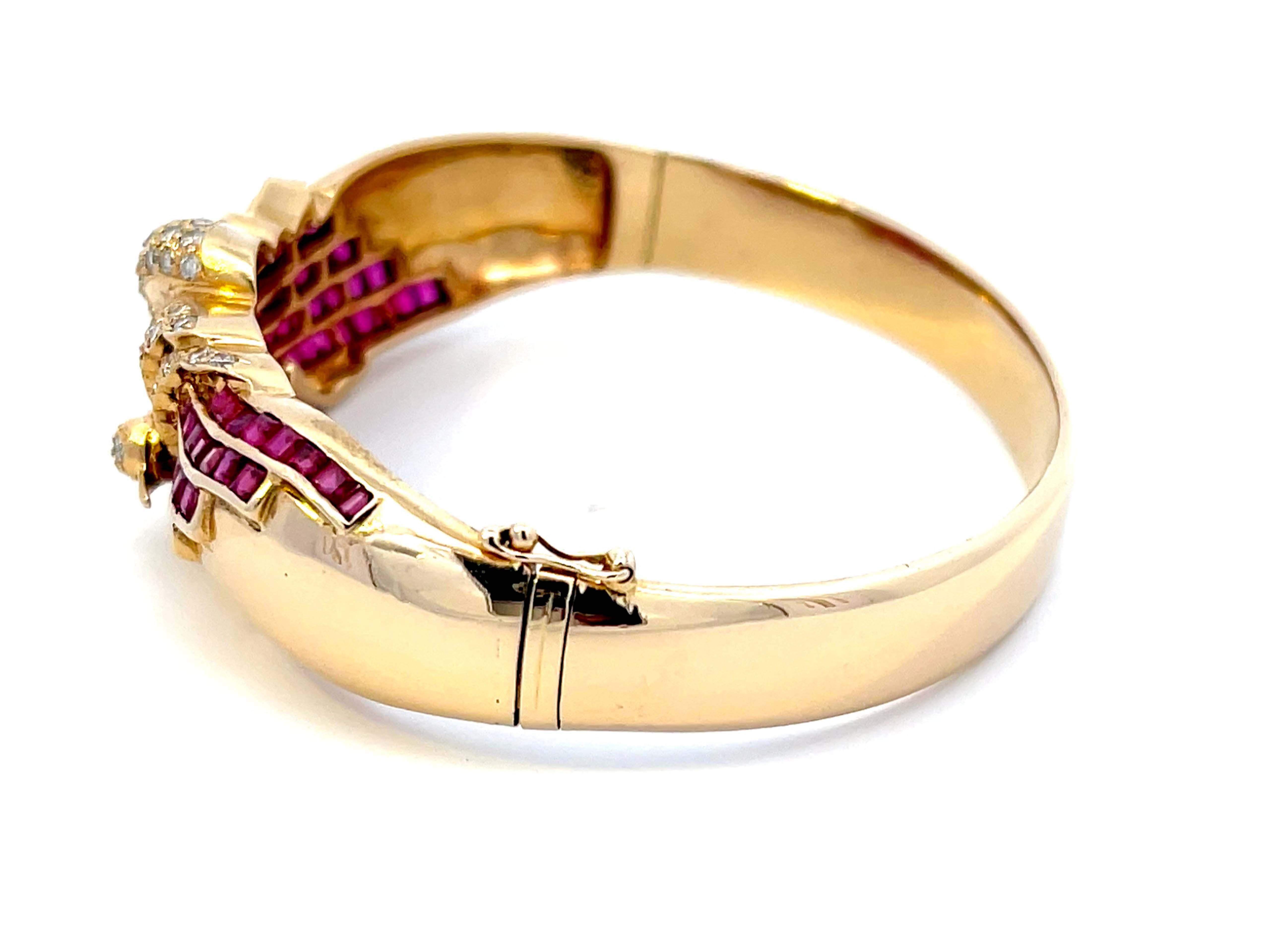 Brilliant Cut Diamond Swan and Ruby Bangle in 14k Yellow Gold For Sale