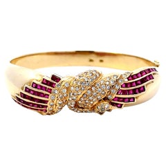 Vintage Diamond Swan and Ruby Bangle in 14k Yellow Gold
