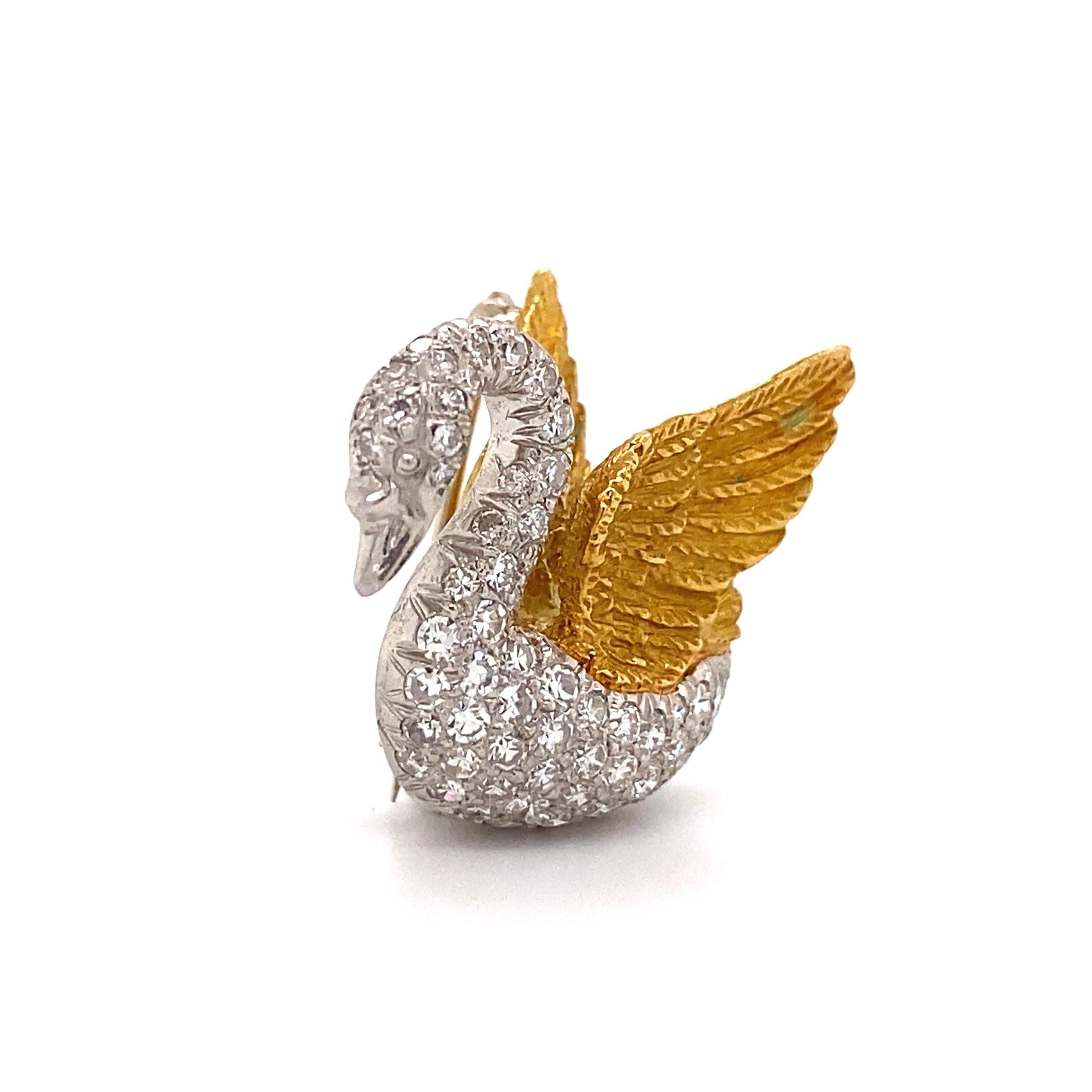 Beautiful and Finely detailed Swan Brooch. Hand set with 70 round single cut Diamonds, approx. 1.05tcw. Measuring approx. 0.90” x 0.80”. Hand crafted in Platinum and 18 Karat Yellow Gold. This brooch epitomizes vintage charm and would make a lovely