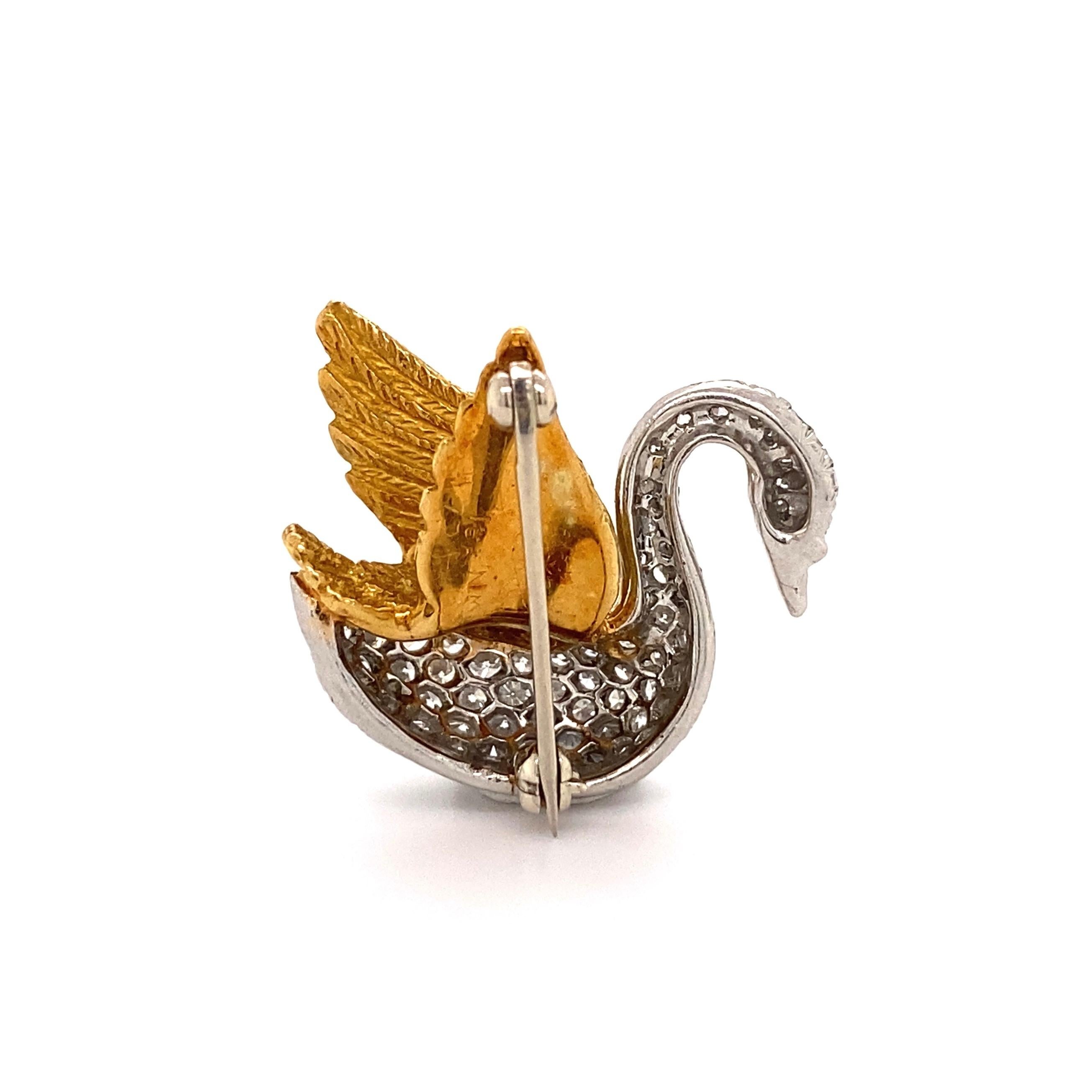 Modern Diamond Swan Platinum and Gold Brooch Pin Fine Estate Jewelry