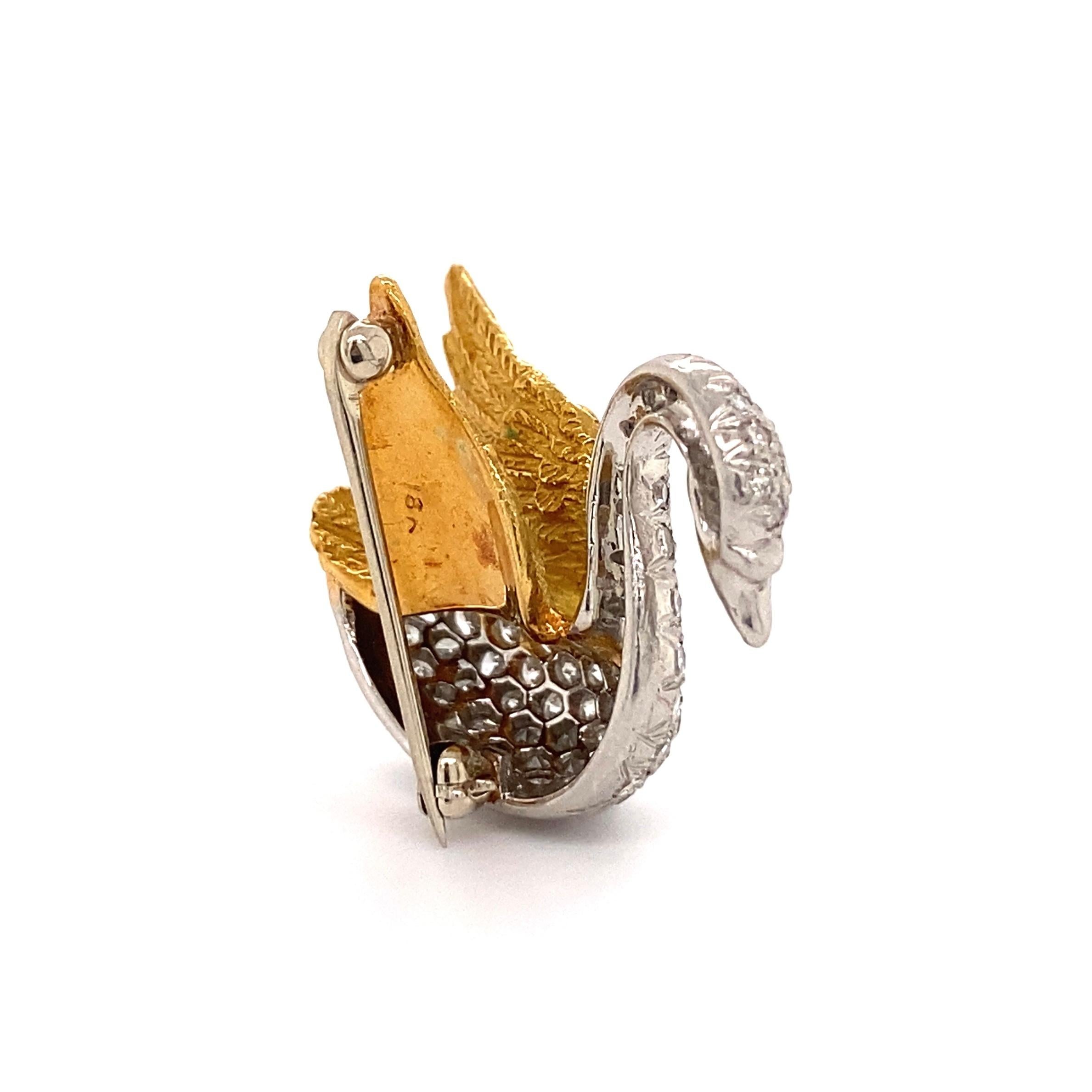 Single Cut Diamond Swan Platinum and Gold Brooch Pin Fine Estate Jewelry