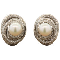 Diamond Swirl Akoya Pearl Gold Earrings