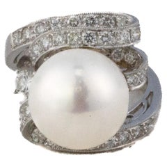 Diamond Swirl and Pearl Cocktail Ring