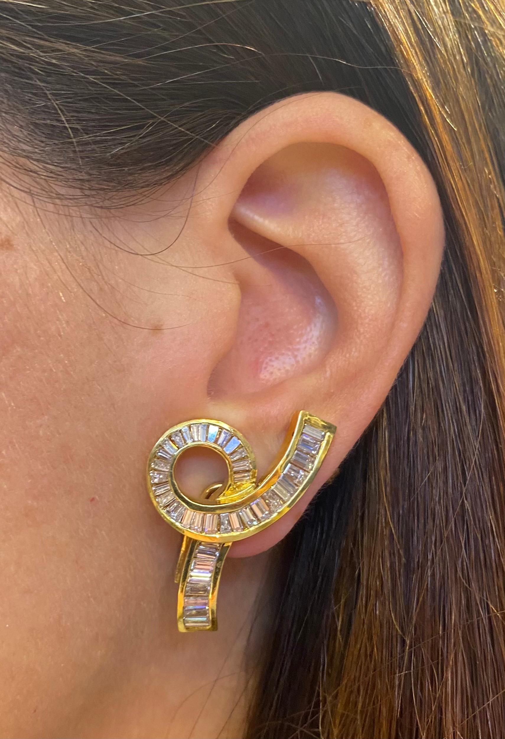 Baguette Cut Diamond Swirl Earrings For Sale