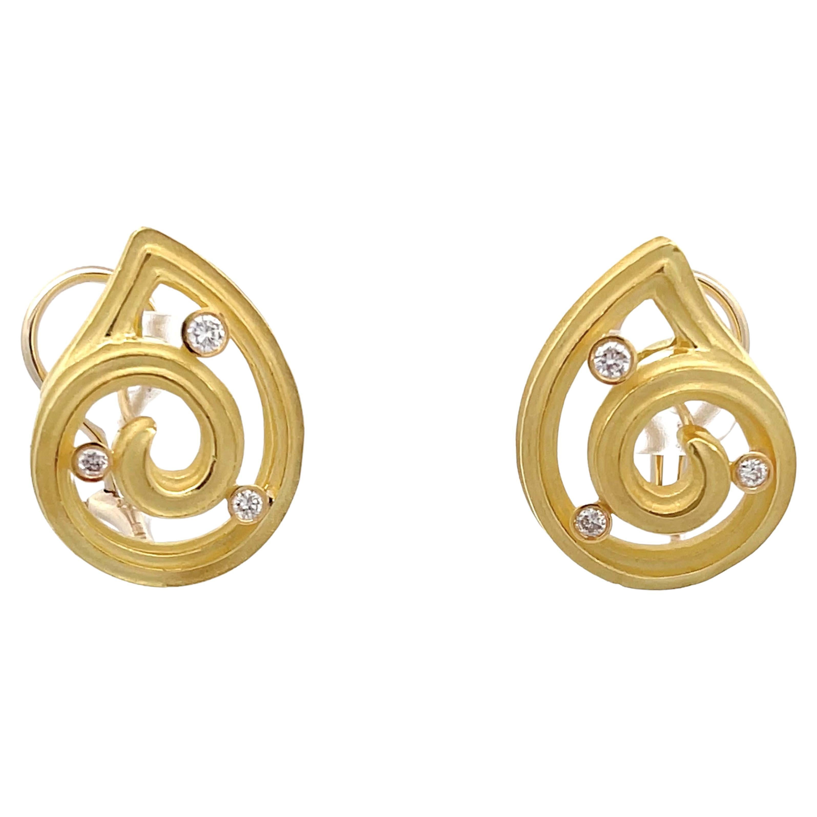 Diamond Swirl Frosted Finish Earrings in 14k Yellow Gold For Sale