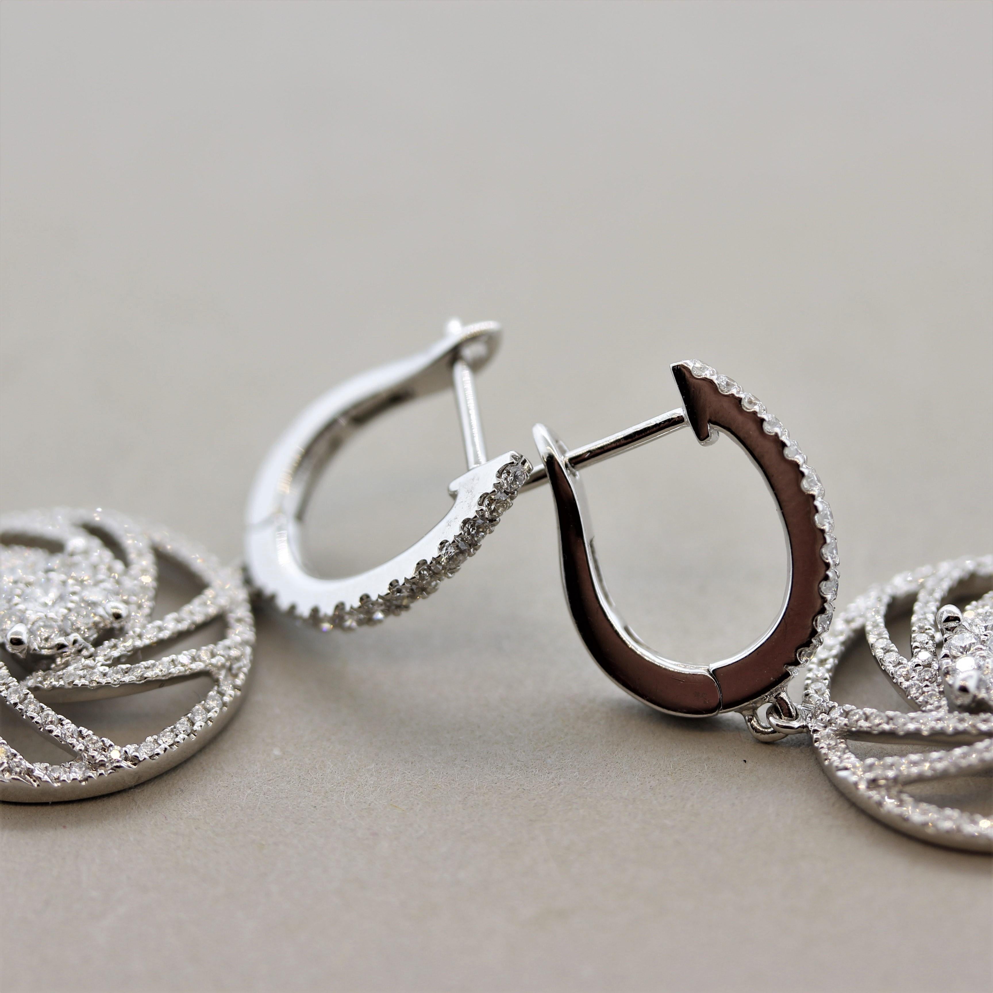 Women's or Men's Diamond Swirl Gold Drop Earrings For Sale