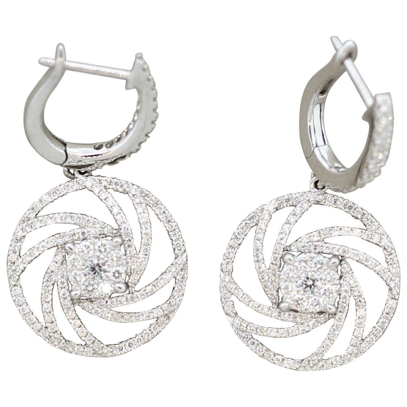 Diamond Swirl Gold Drop Earrings For Sale