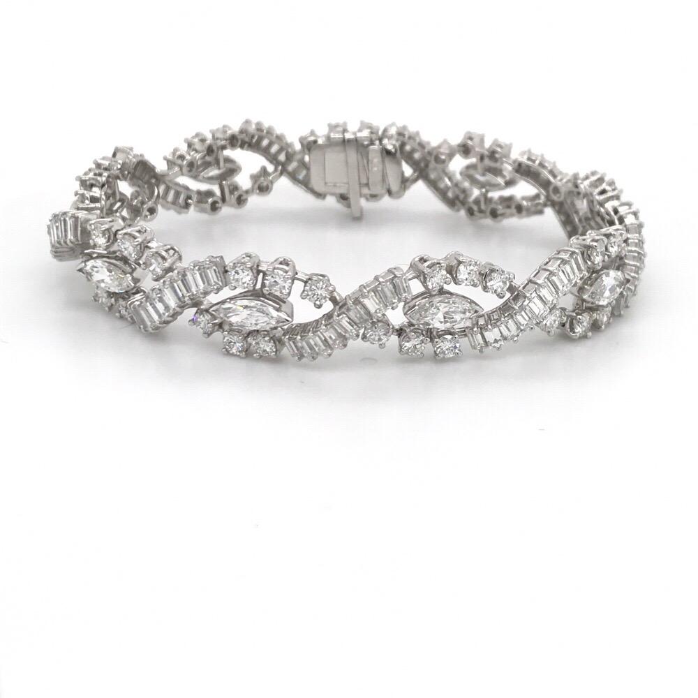 Diamond Swirl Marquise Baguette Bracelet 10 Carat G-H SI Platinum In Excellent Condition In New York, NY