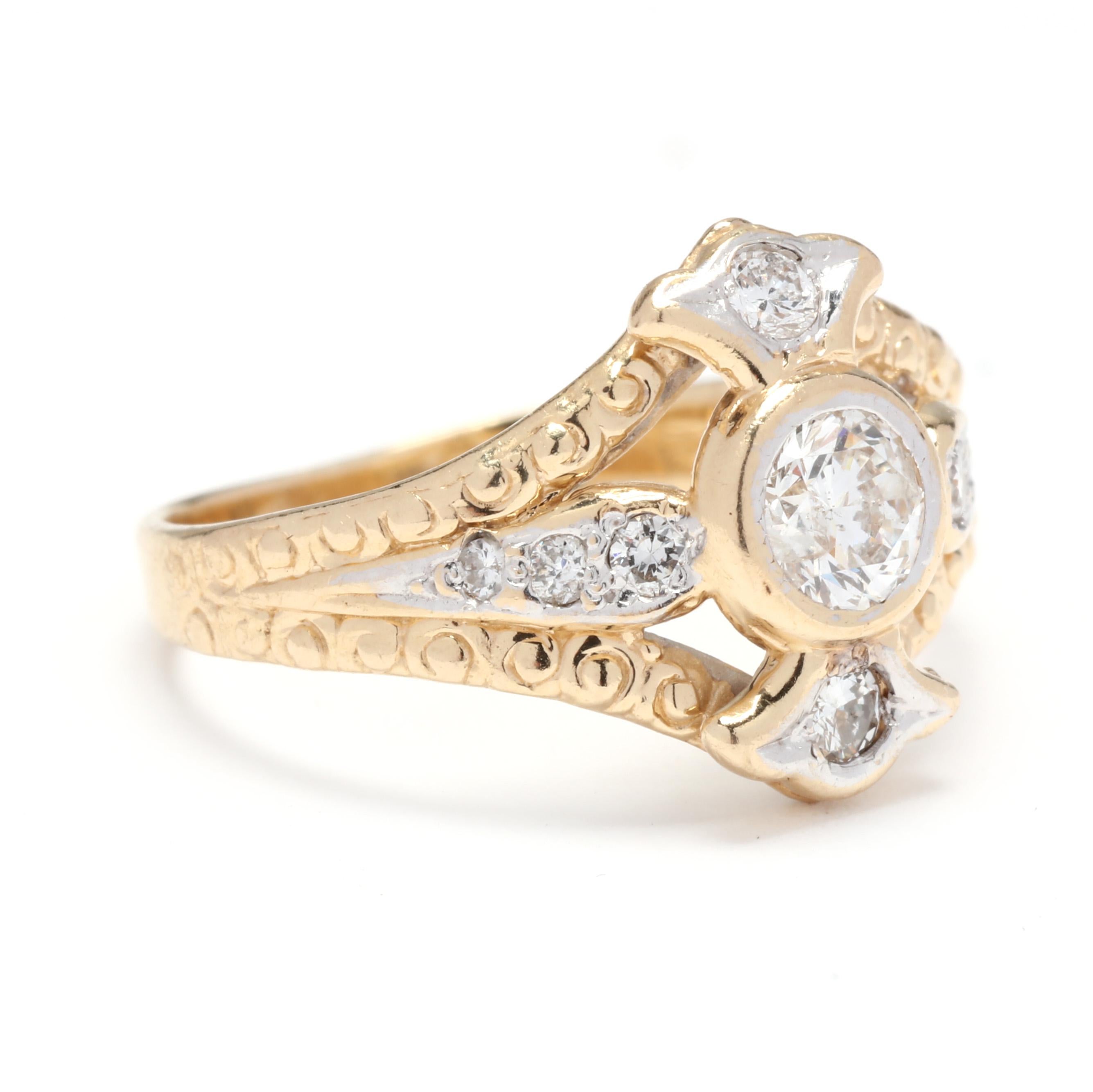 A vintage 14 karat yellow gold diamond swirl ring. This everyday diamond ring features a tapered design with a bezel set round brilliant cut diamond weighing approximately .36 carat in the center with a round brilliant cut diamond to the top, bottom